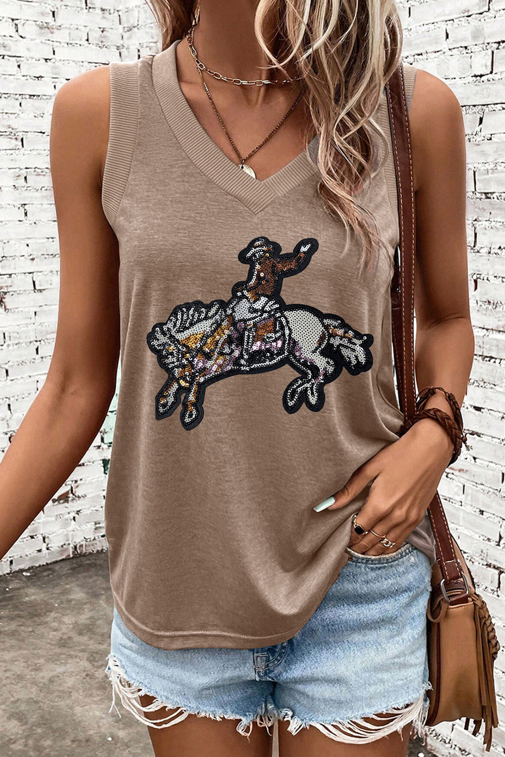 Simply Taupe Sequined Rodeo Graphic Fashion Tank Top Simply Taupe 97dfb492bb9d13ed