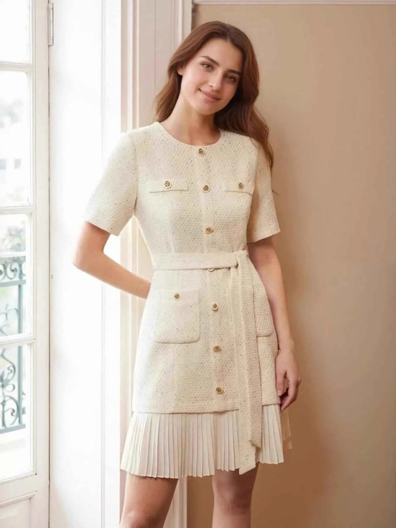Pleated Hem Round Neck Dress Ivory 97eea35f022f40998f67b8c717a3e006-Max-Origin