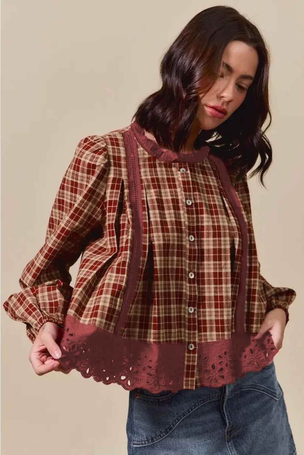 Red Dahlia Plaid Lace Hem Button Down Shirt 97fd58adb01ec571