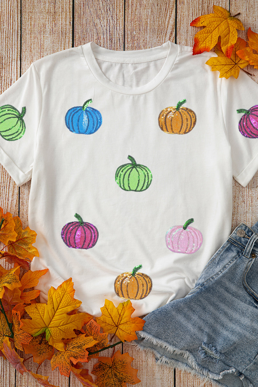 White Sequin Pumpkin Patched Cotton Blend T Shirt White 62%Polyester+32%Cotton+6%Elastane 980ae0d4de404d23