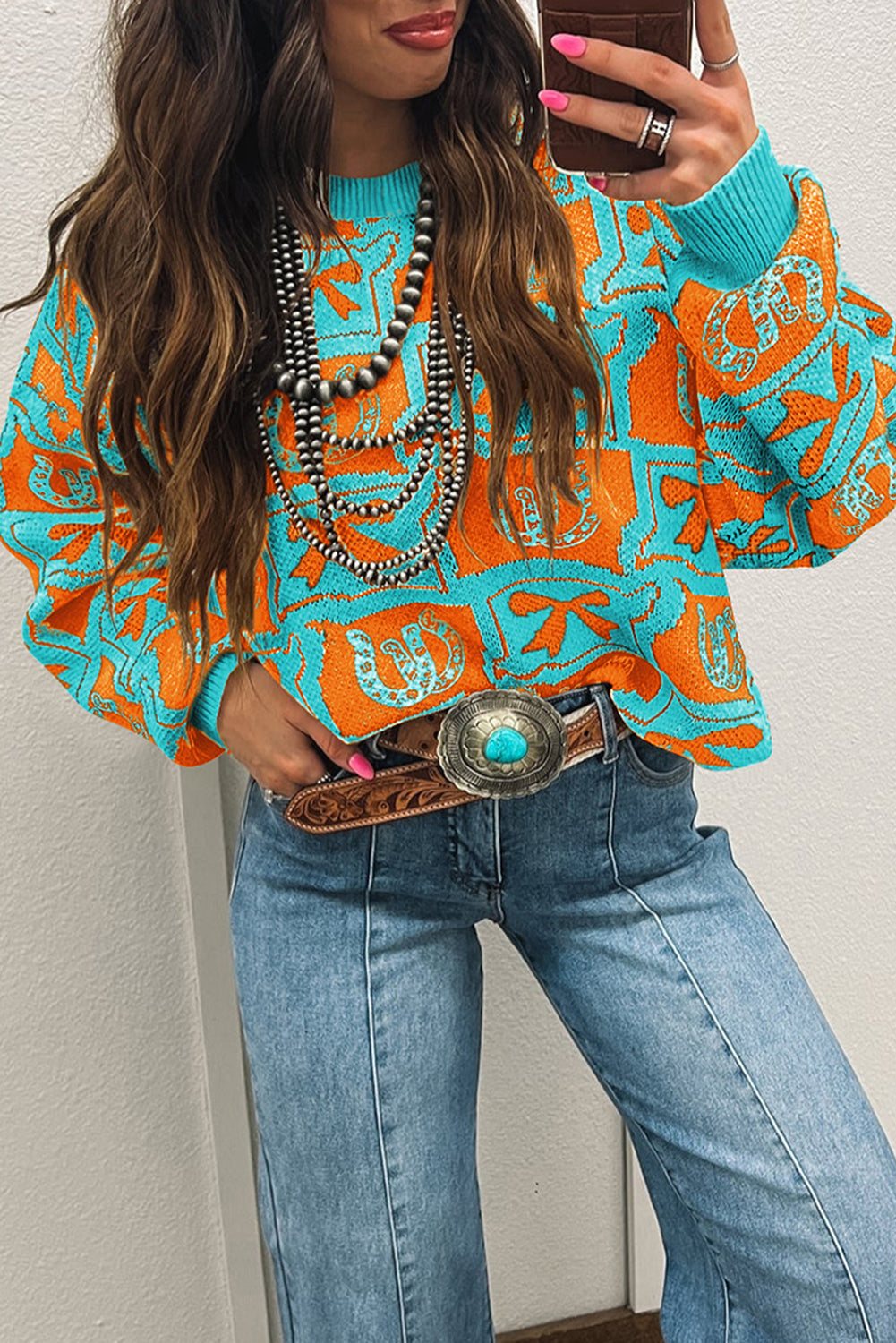 Pink Colorblock Bow Pattern Drop Sleeve Sweater 9842933c75535956