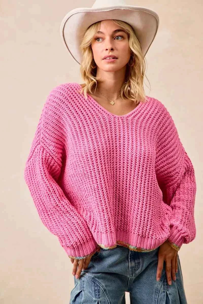 BiBi V-Neck Sweater with Colorful Trim PINK 987920cb9763456c8a753f570f0af03e-Max-Origin