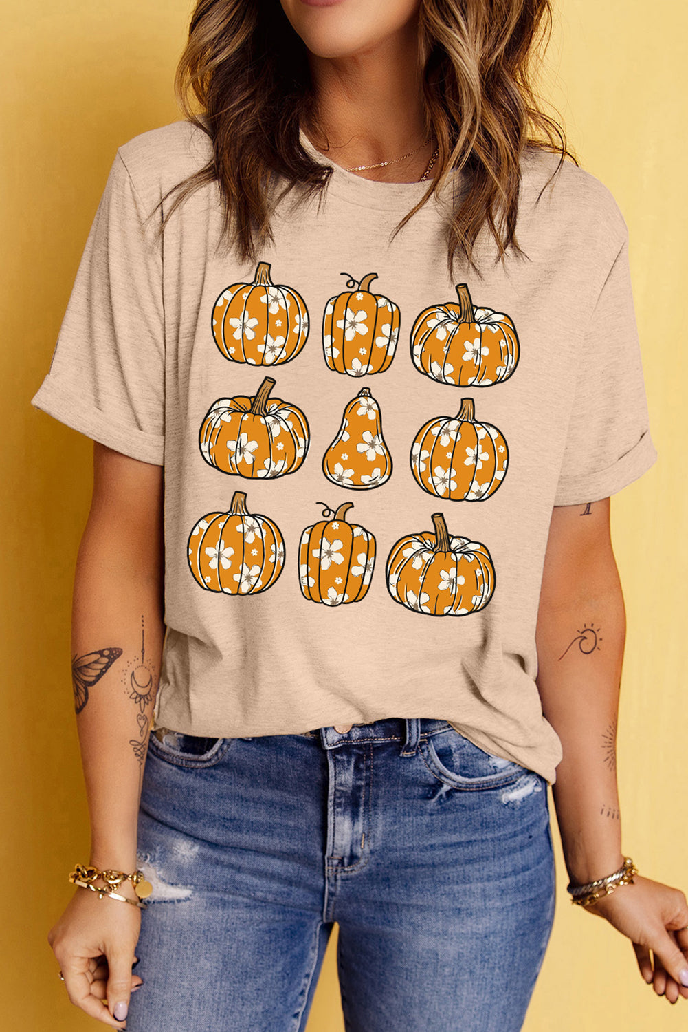Khaki Fall Floral Pumpkin Heat Transfer Printing Casual Graphic T Shirt 988f84ac8e76b78d