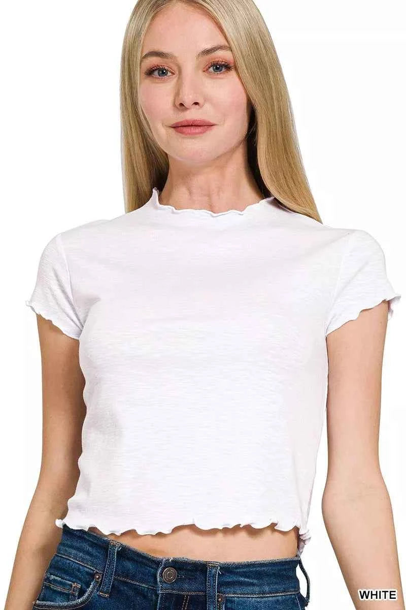 Zenana Cotton Modal Slub Lettuce Trimmed Cropped T-Shirt WHITE 98d2cacc0bf340fc8f68363f03e8bf2c-Max-Origin