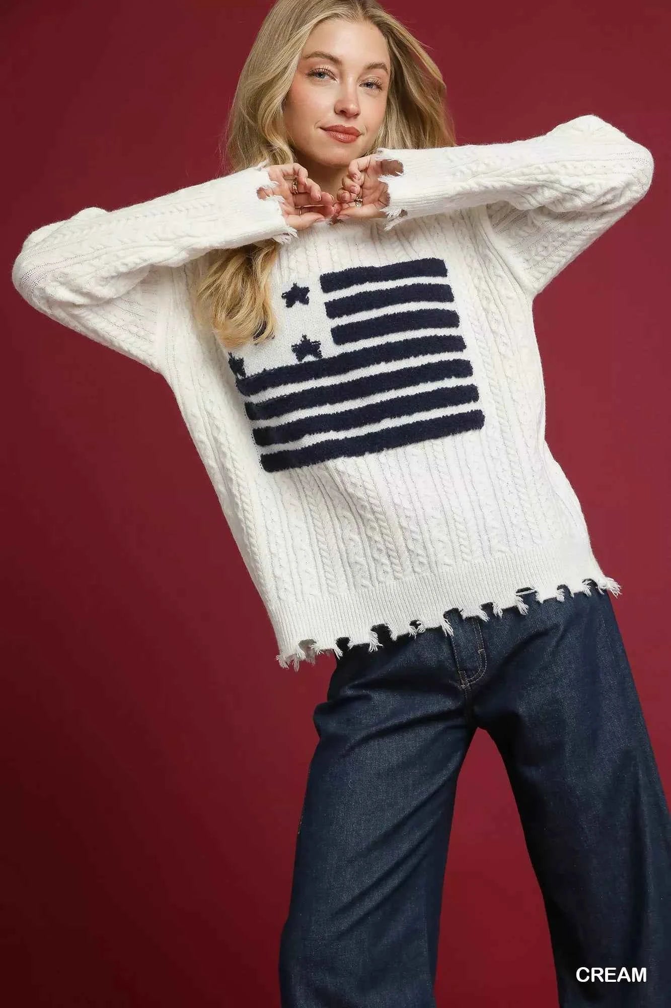 Umgee Distressed American Flag Sweater Cream 991093ee-094a-44a4-8114-8f073e5dc7b0-Max-Origin