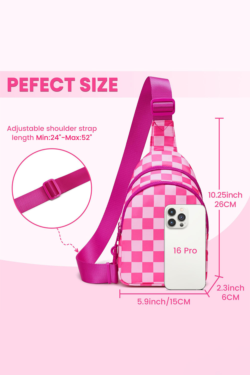 Rose Red Checkered Print Zip Front PU Crossbody Bag Rose Red ONE SIZE 100%PU 991a61a138a4d002