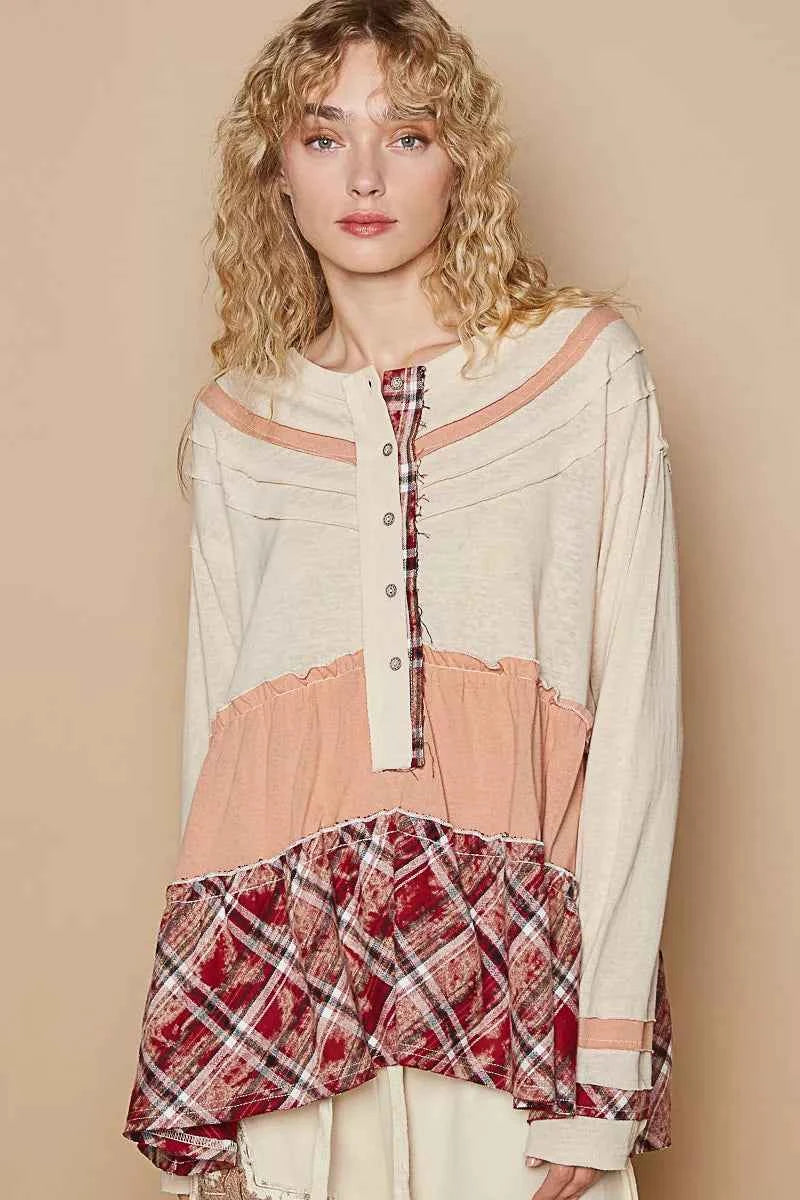 POL Round Neck Half Button Color Block Top with Merrow Edge Detail COCONUT MULTI 993fd1b5-0de8-42b7-8f4a-ae974381b11d-Max-Origin