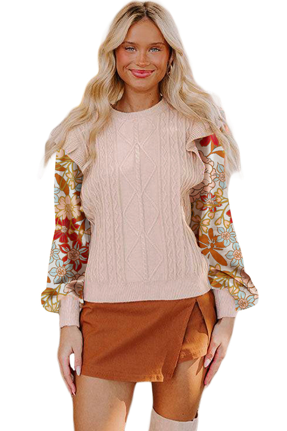 Parchment Cable Knit Ruffle Detail Contrast Floral Sleeve Patchwork Sweater Parchment 52%Viscose+26%Polyester+22%Polyamide 996036284501eac4