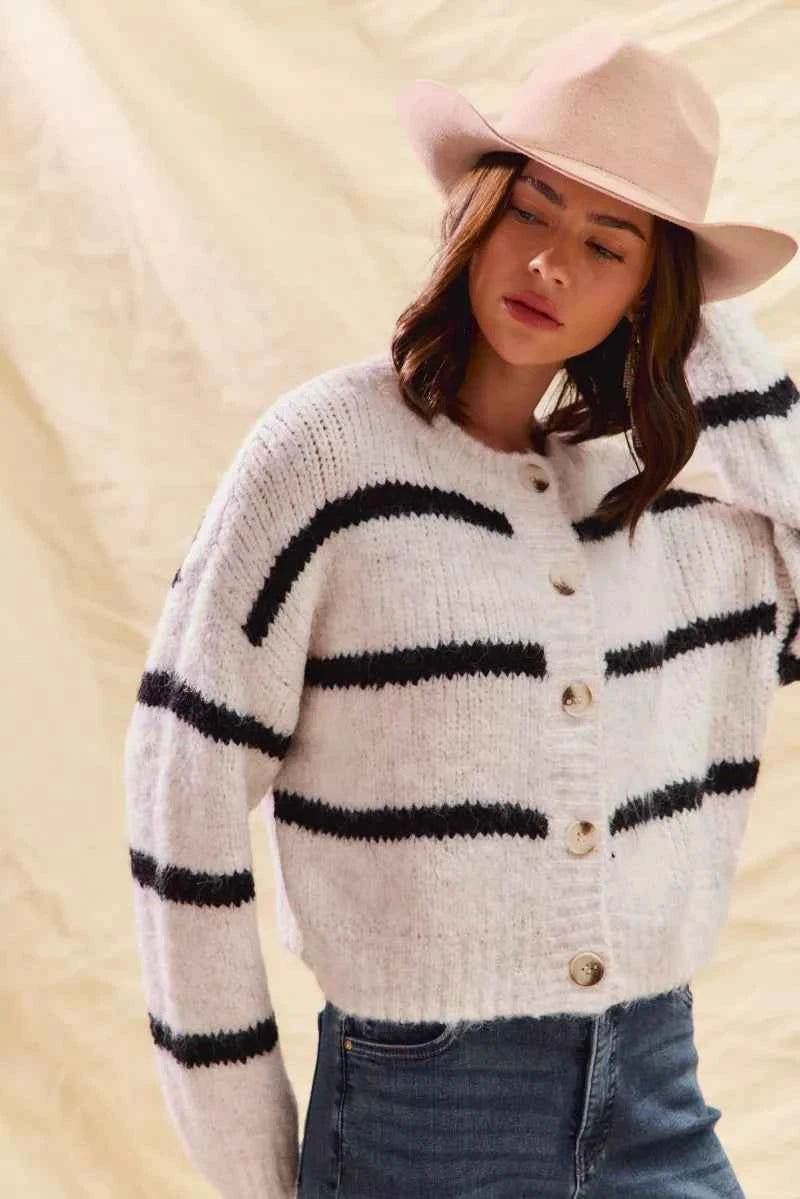 SO ME Stripe Soft Touch Button Cozy Sweater Cardigan