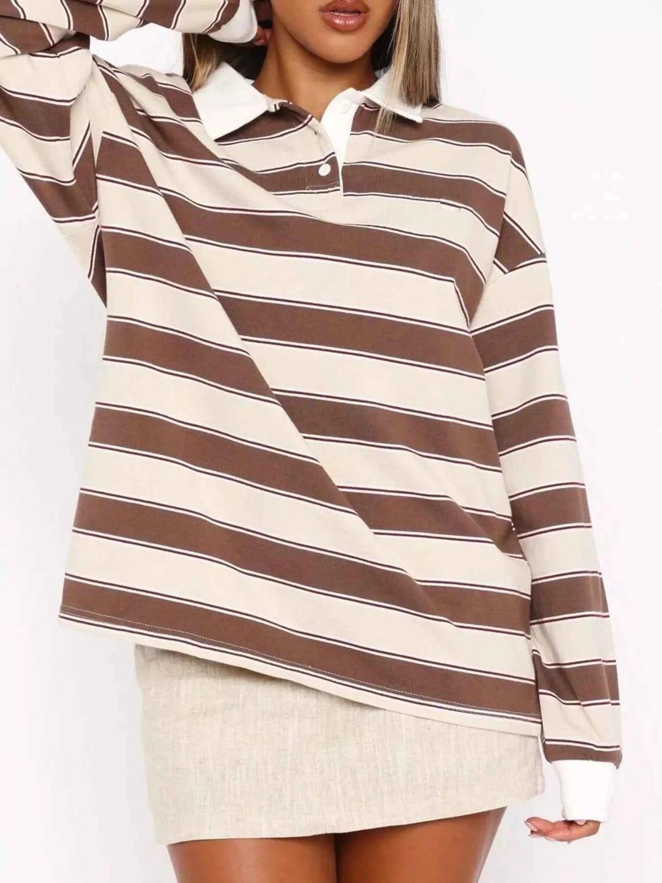 Striped Button Detail Long Sleeve Polo Khaki 99e81e0d-a2c3-449a-97d2-863e5c2fff5b-Max-Origin