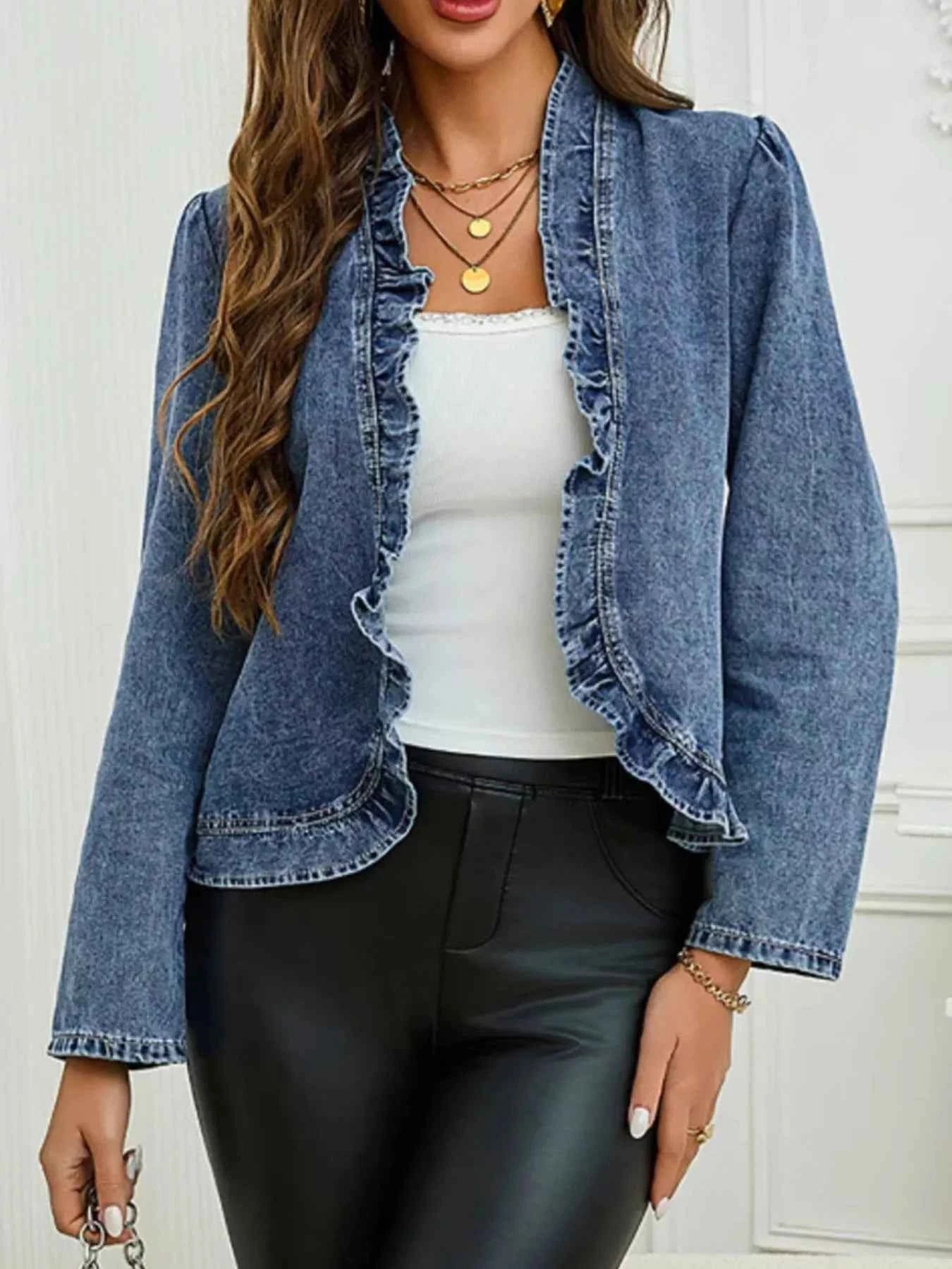 Ruffle Trim Cropped Denim Jacket Medium 9a294a96-6db0-4625-b572-50ac6d807ce7-Max-Origin