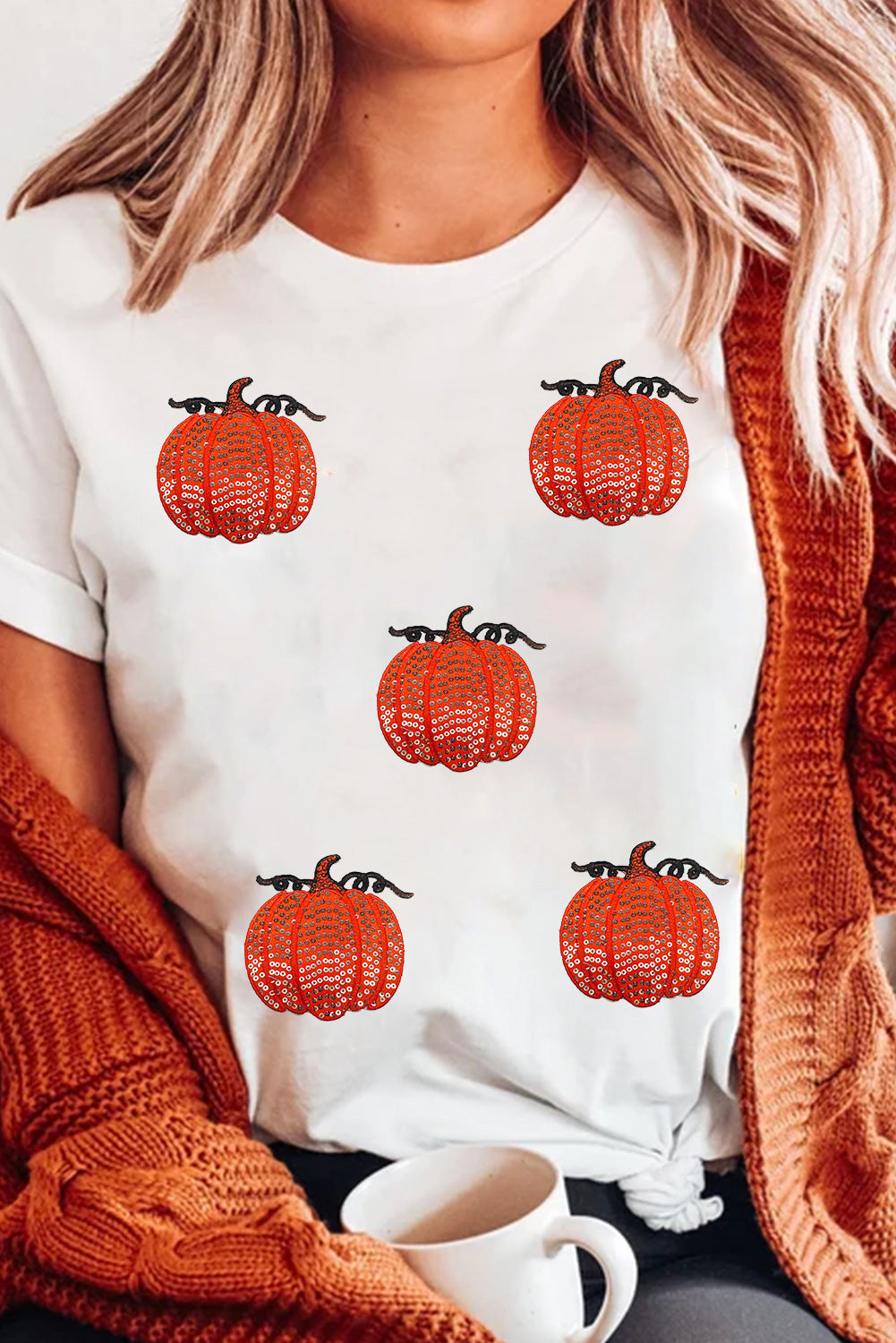 White Glitter Pumpkin Patched Cotton Blend T Shirt 9a5bbb9324189747