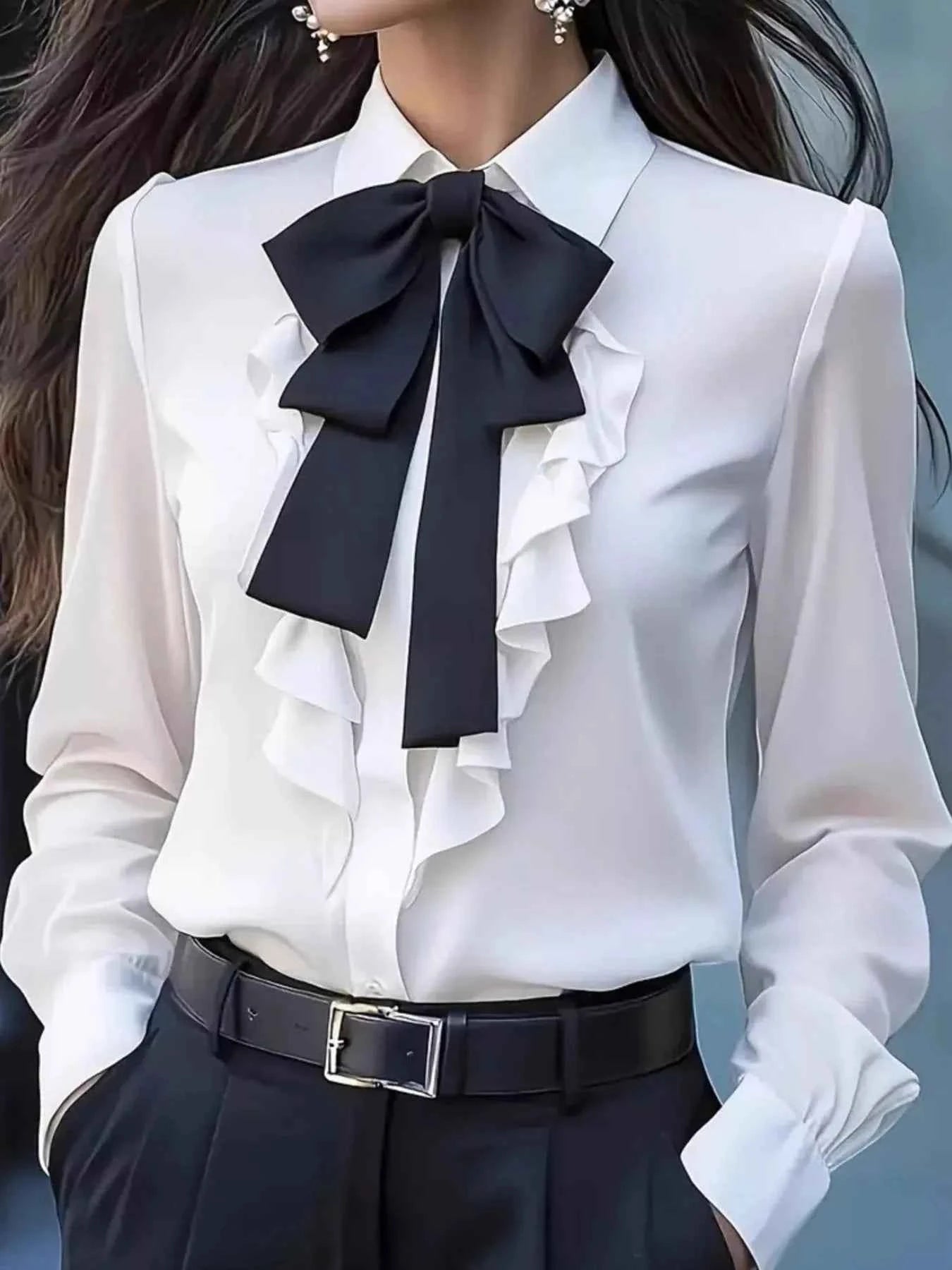 Ruffled Tie Front Long Sleeve Blouse White 9a7a1f18-33e2-4dca-876d-1c34294e764a-Max-Origin