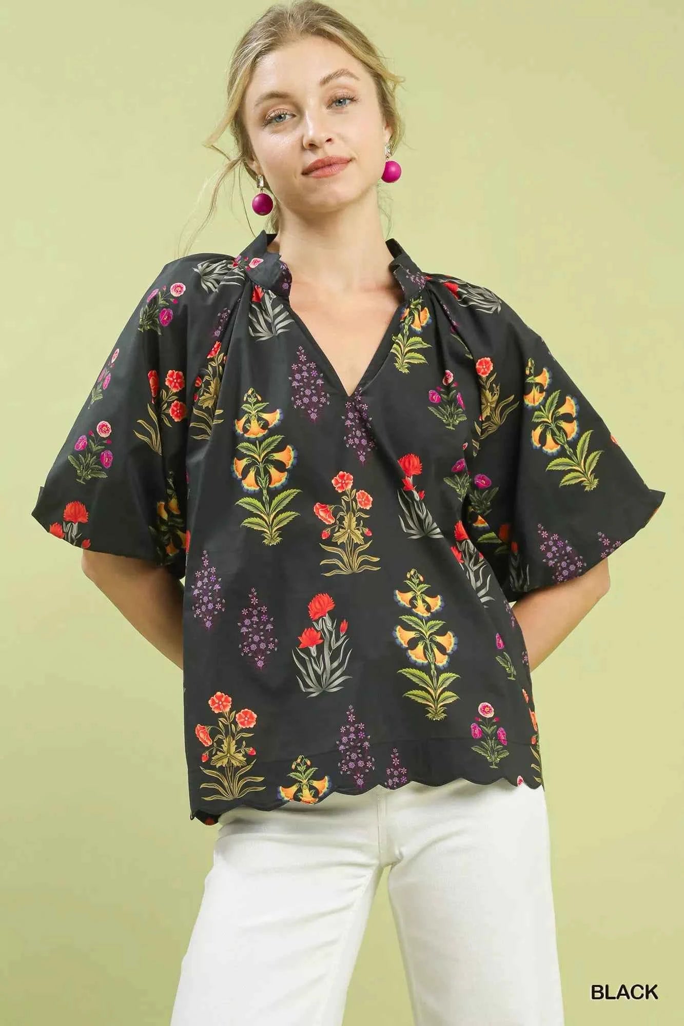 Umgee Floral Print Puff Sleeve Scallop Hem Blouse