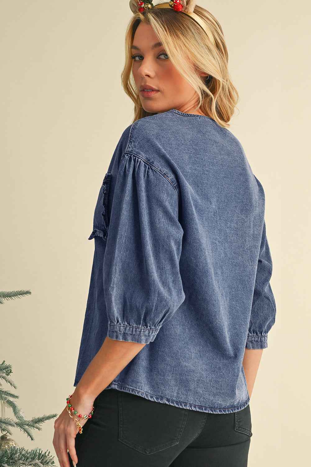 Sky Blue Frill Trim Puff Sleeve Pocket Denim Blouse 9ba287e22fa80333