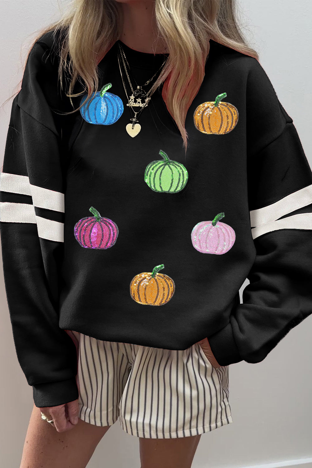 Black Pumpkin Sequins Patch Oversized Varsity Sweatshirt 9bf9e29bbef94f24