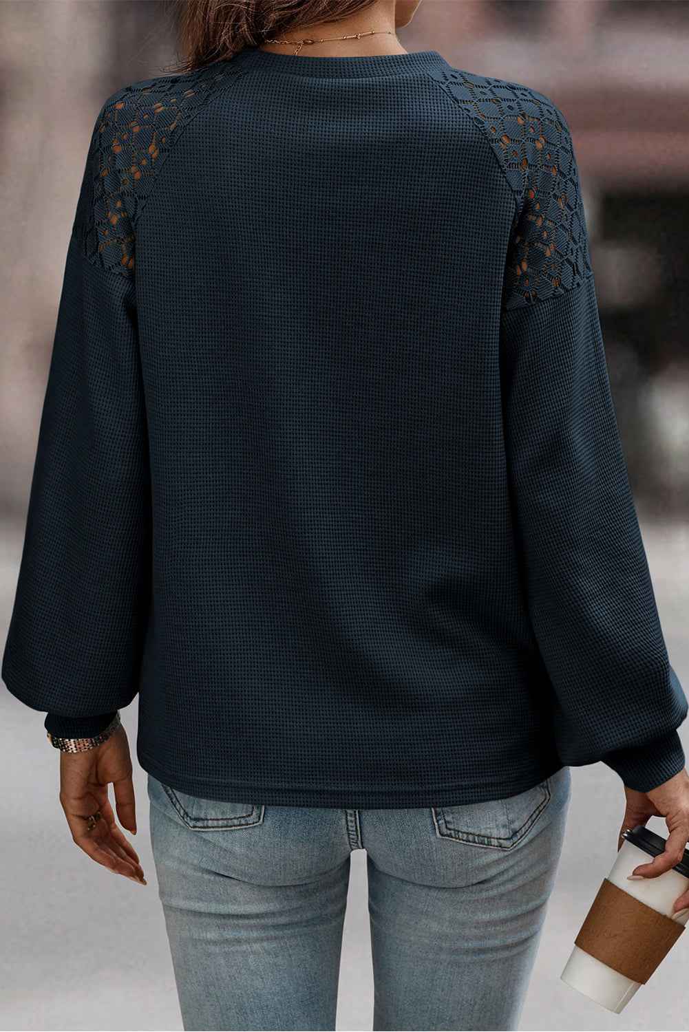 Real Teal Lace Patchwork Long Sleeve Textured Pullover 9c196311e53cd280