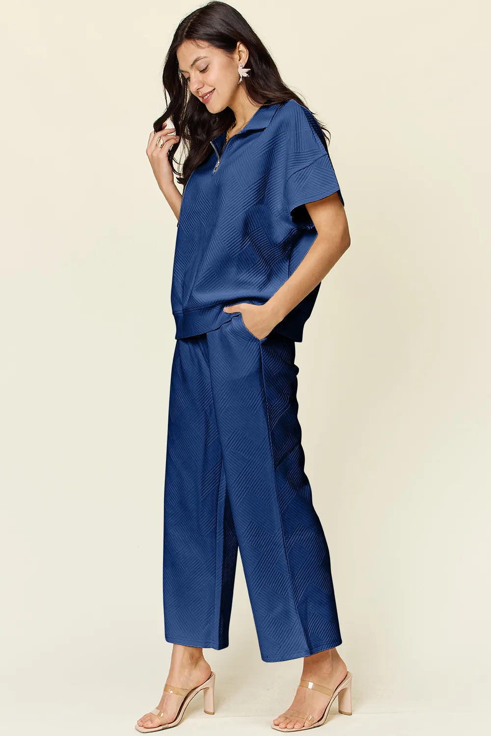 Double Take Full Size Texture Half Zip Short Sleeve Top and Pants Set 9c942f4c-8982-47a2-8b2c-c7a3767923ad-Max