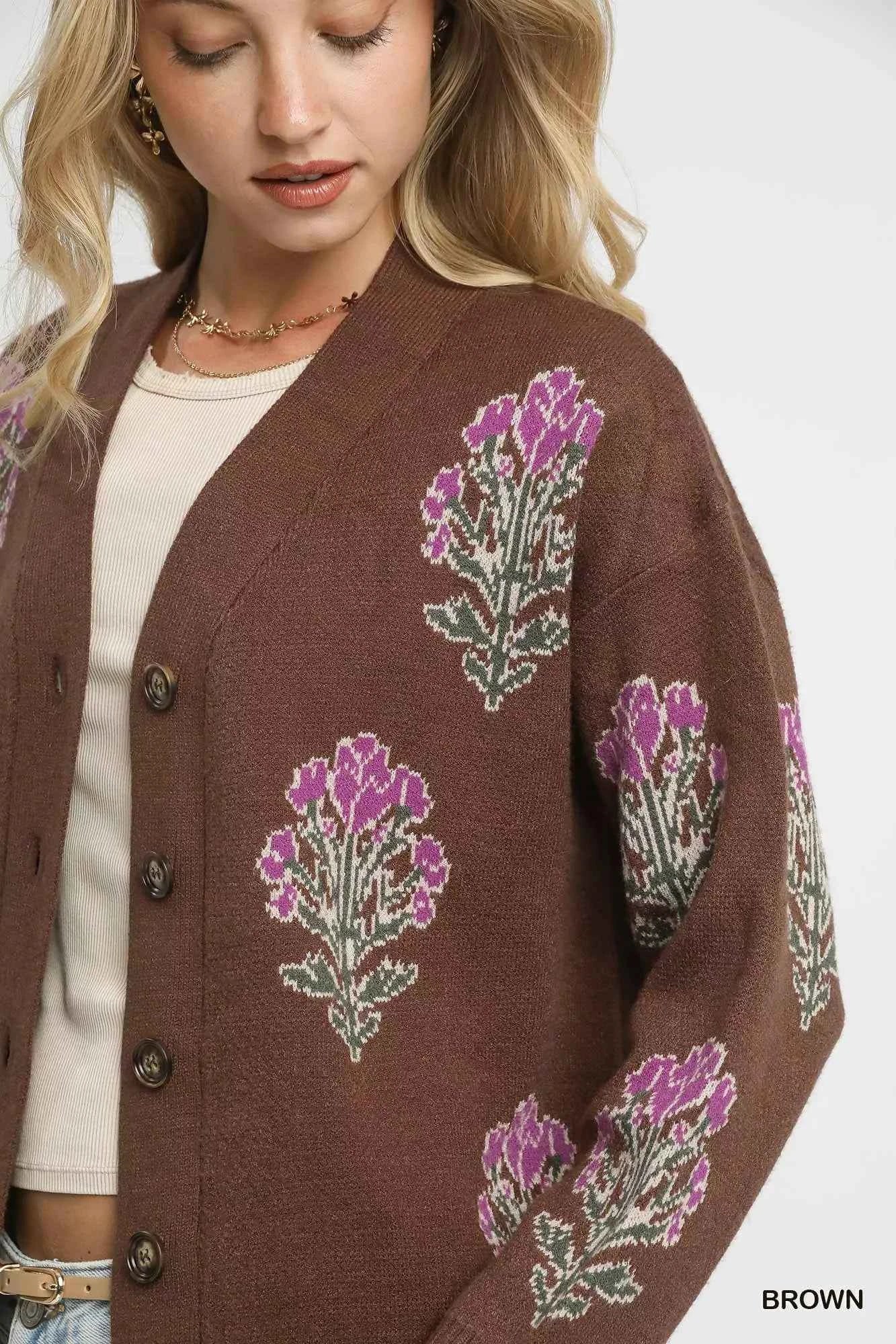 Umgee Single Flower Stem Jacquard Cardigan Sweater