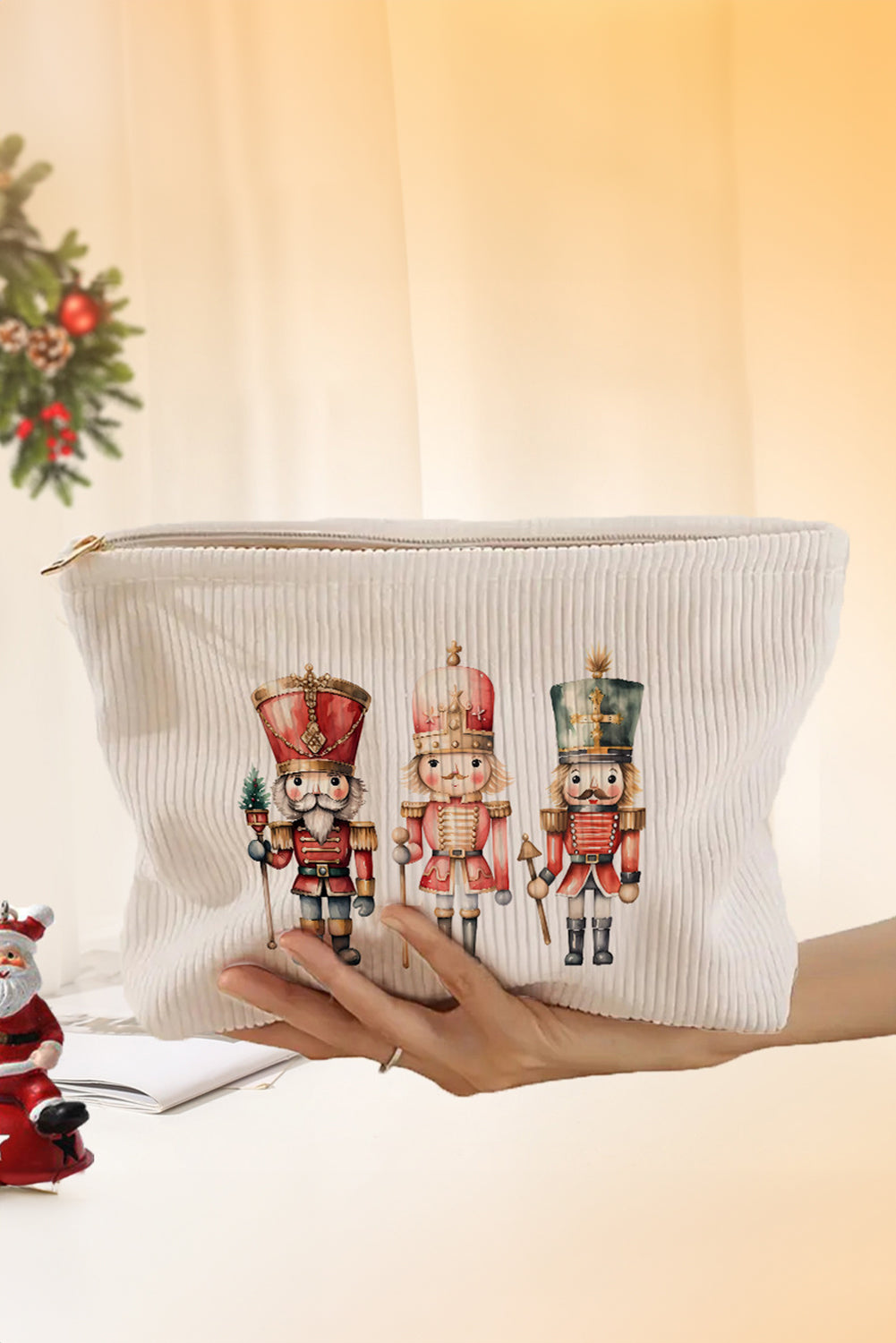 Pink Christmas Santa Claus Corduroy Zip Up Cosmetic Bag