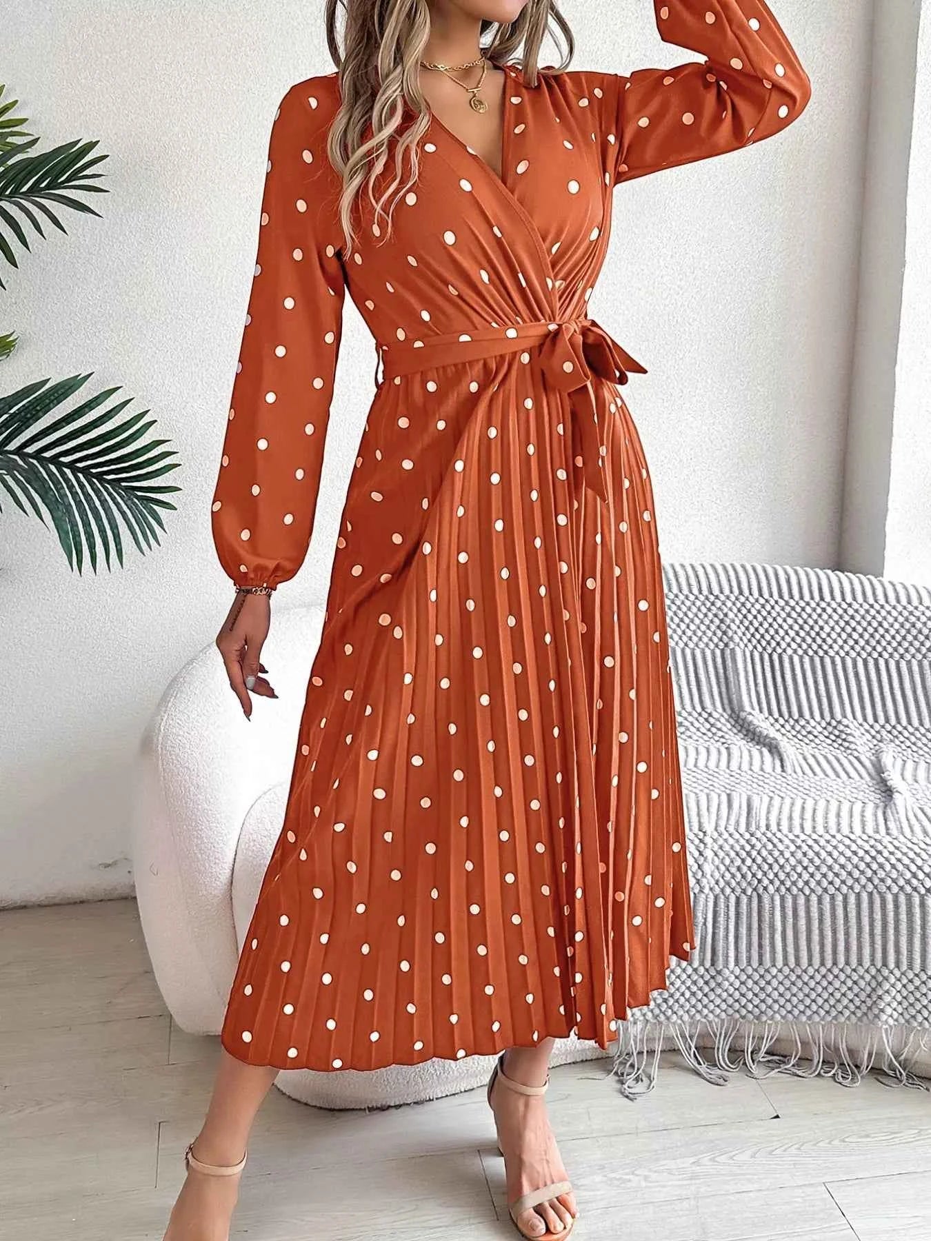 Front Tie Polka Dot Midi Pleated Dress 9d2516e5-1916-4aaa-bedb-2d70d75e3364-Max-Origin
