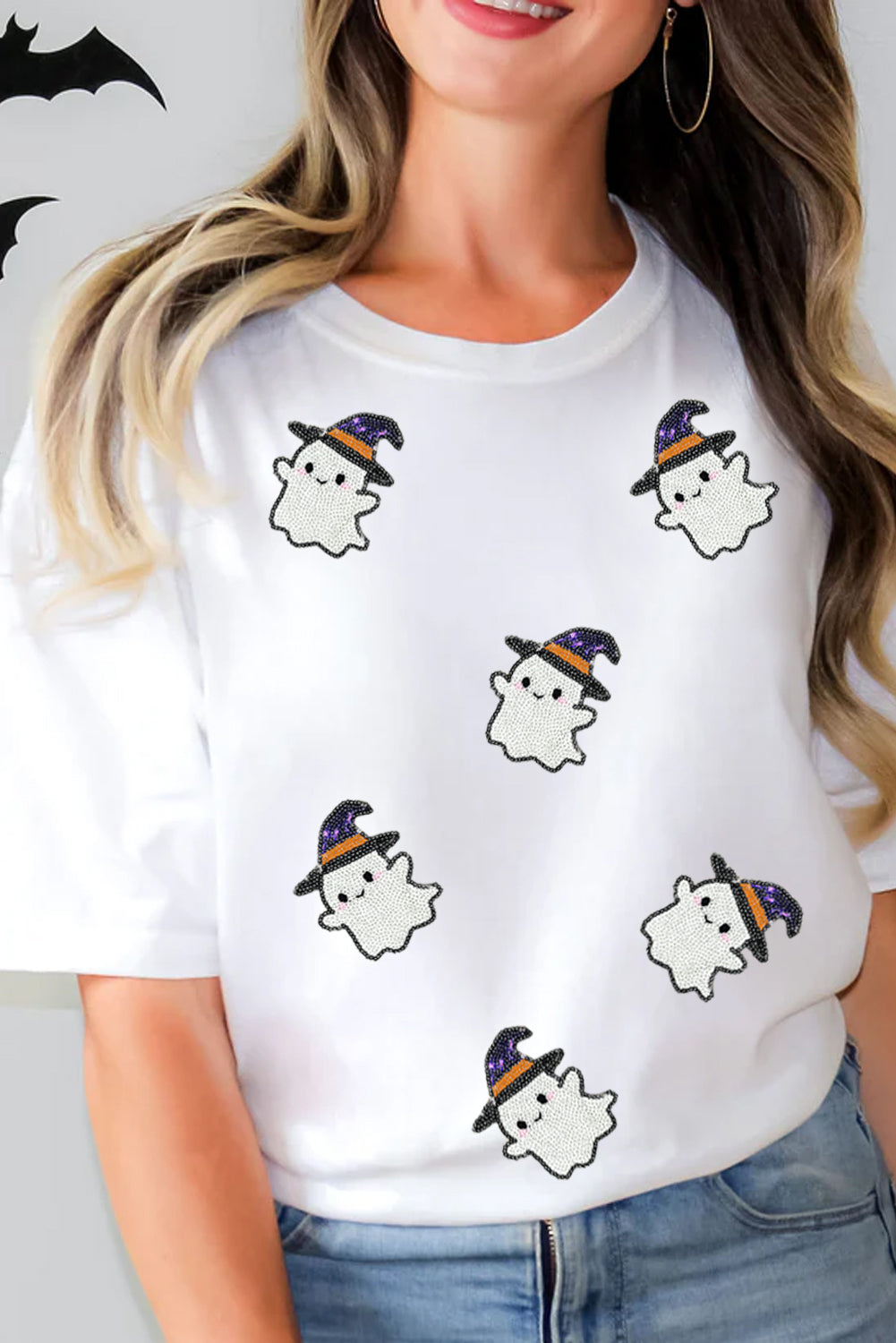 White Halloween Ghost Witch Sequins Patch Casual T Shirt 9dd43920dfbc9802