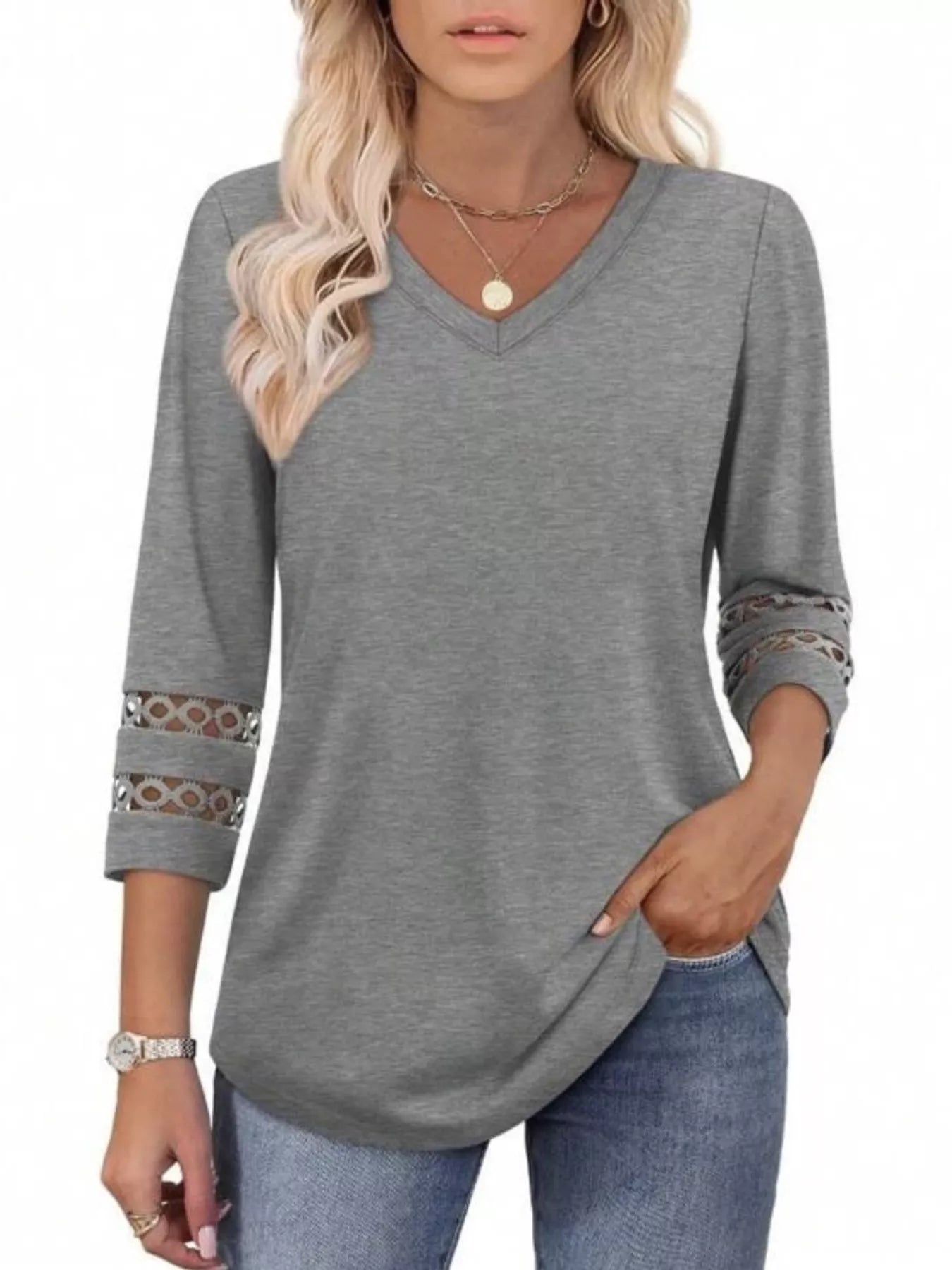 Full Size V-Neck 3/4 Sleeve T-Shirt Plus Size Dark Gray 9e0ea16aa1ee4b1bbea42c8ff2f10f3a-Max-Origin