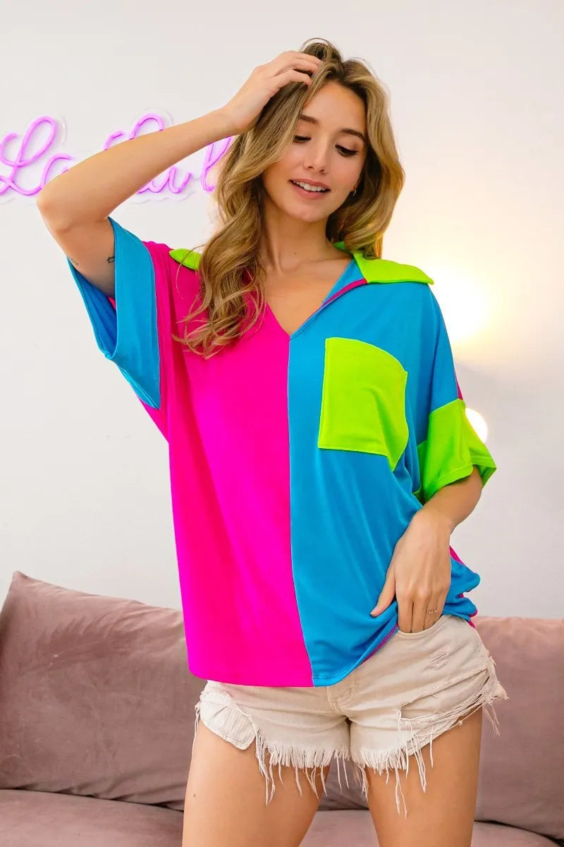 BiBi Slinky Knit Color Block V Neck Front Top FUCHSIA TURQU N.GREE 9e4d4fc880cf4b8e8102b8bb51773463-Max-Origin