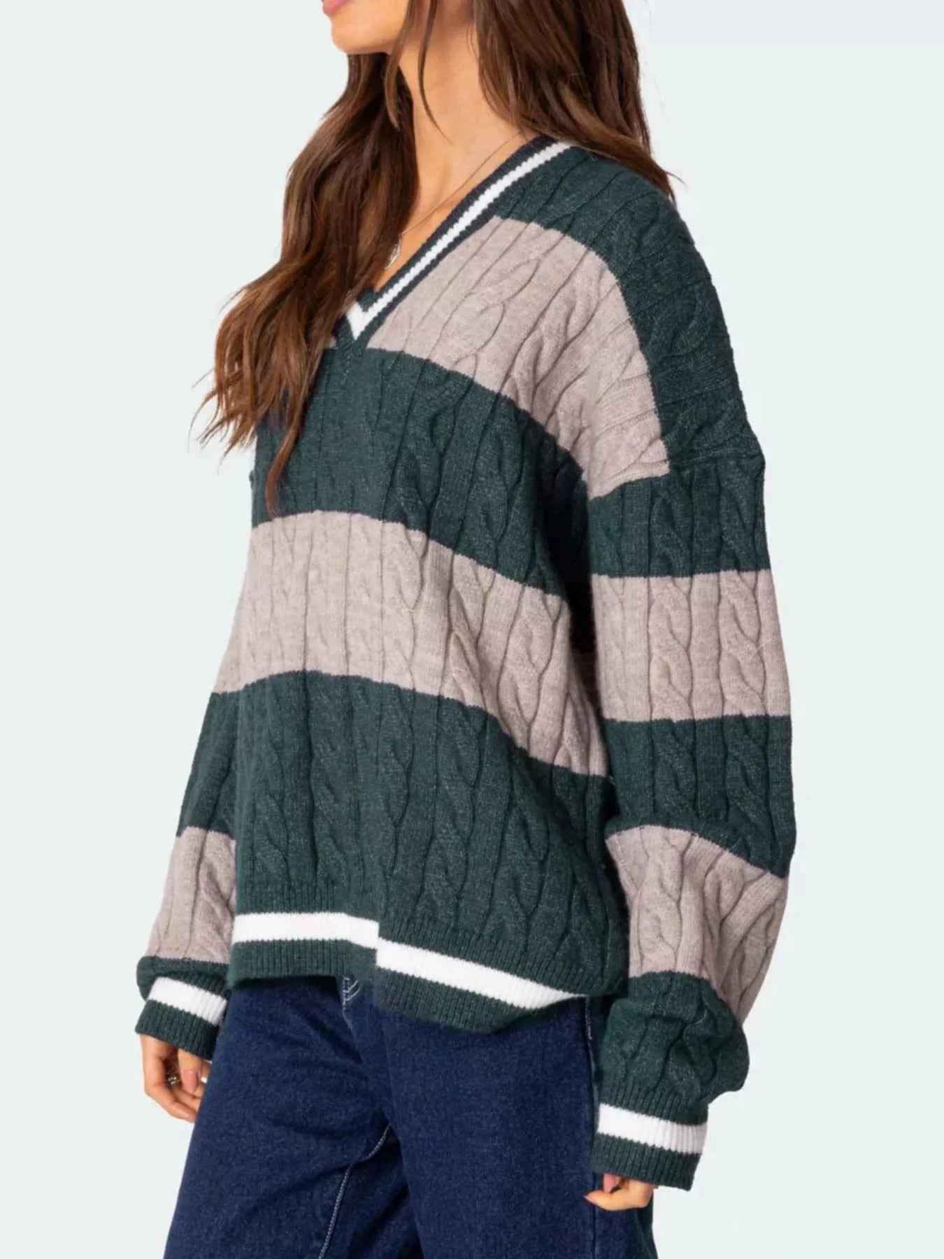 Striped Cable Knit V-Neck Sweater Dark Green 9efa5239-43f3-4497-8474-7772318e3a08-Max-Origin