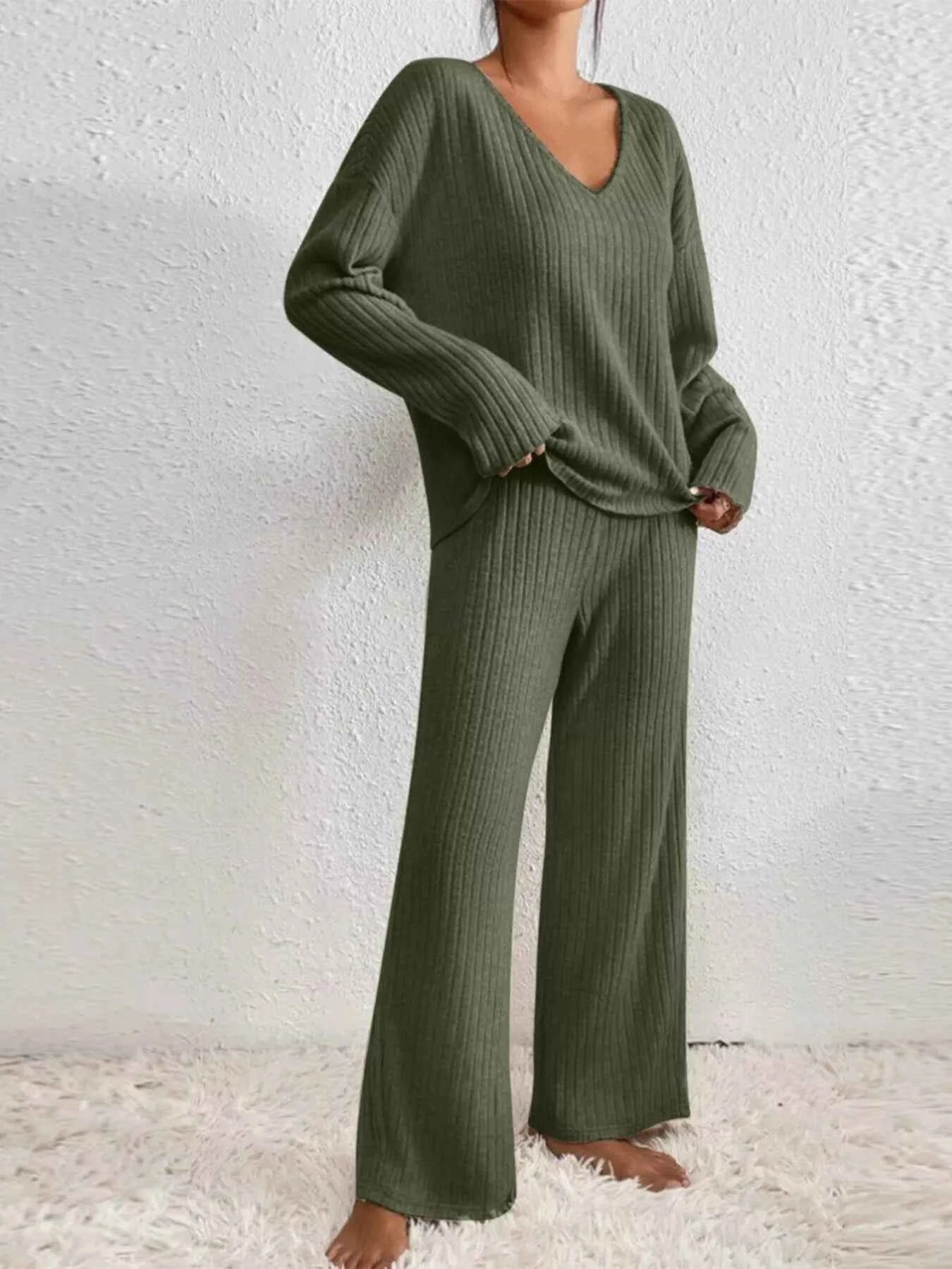 Ribbed V-Neck Top and Pants Set Army Green 9f05f7fcf9c543258d84881b5e2b8d88-Max-Origin