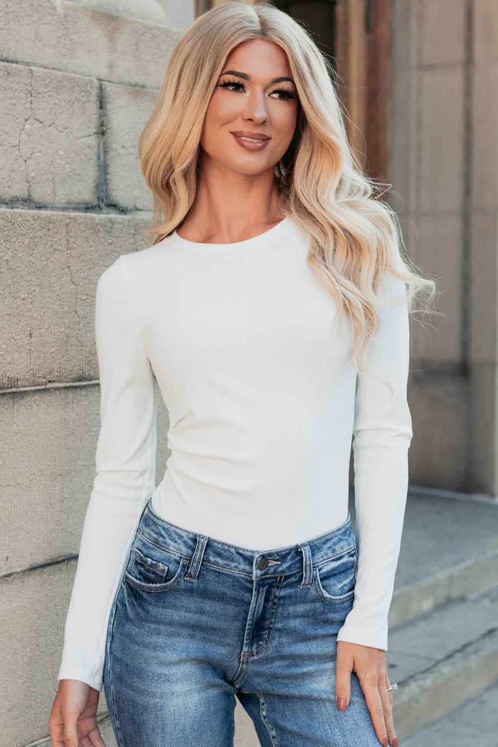 Mineral Red Ribbed Long Sleeve Crew Neck Solid Color Bodysuit