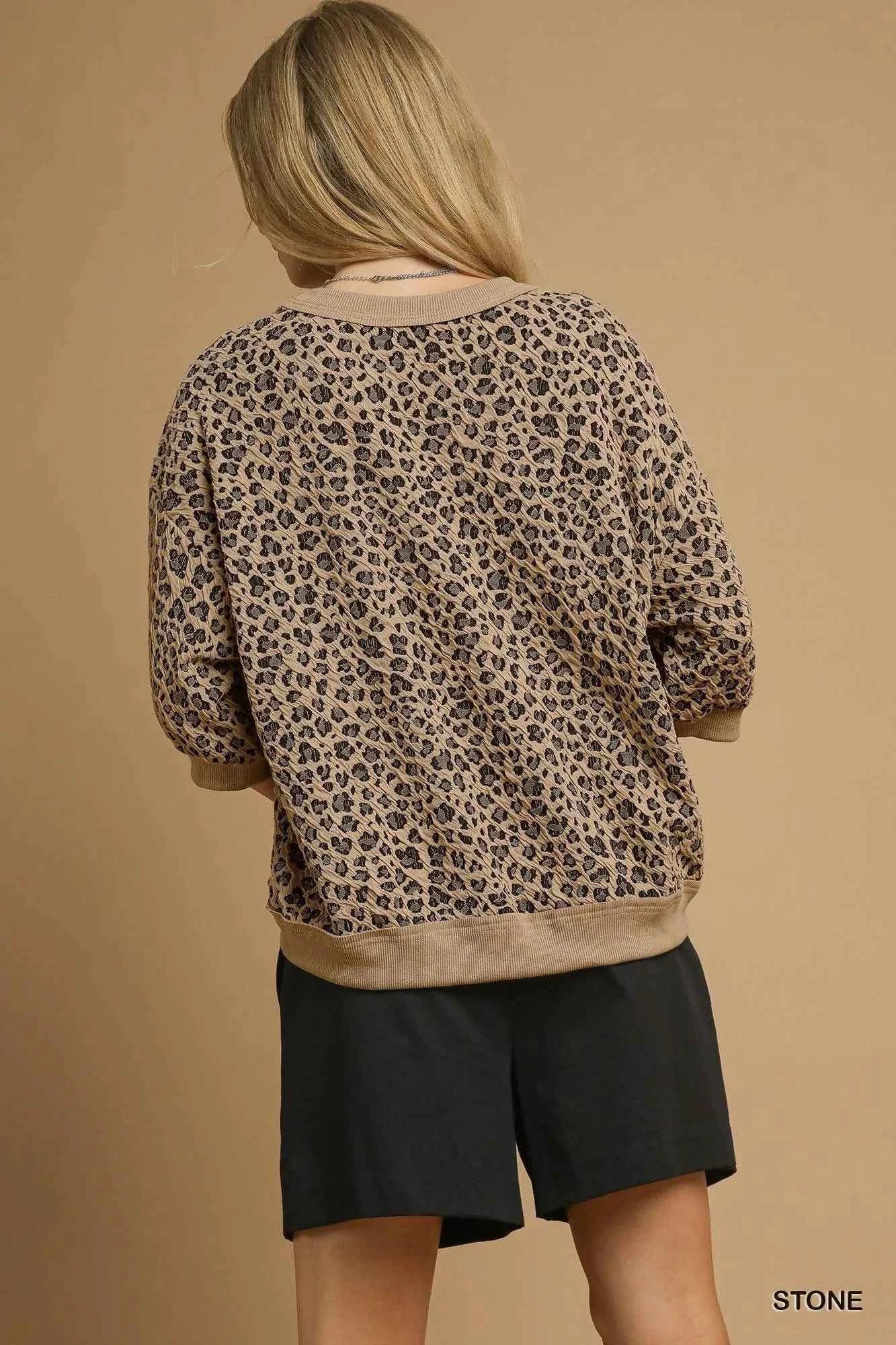 Umgee Leopard Knit Jacquard Puff Sleeve Sweatshirt a00d78a9-0b50-4de5-8251-145b0f3f98e8-Max-Origin