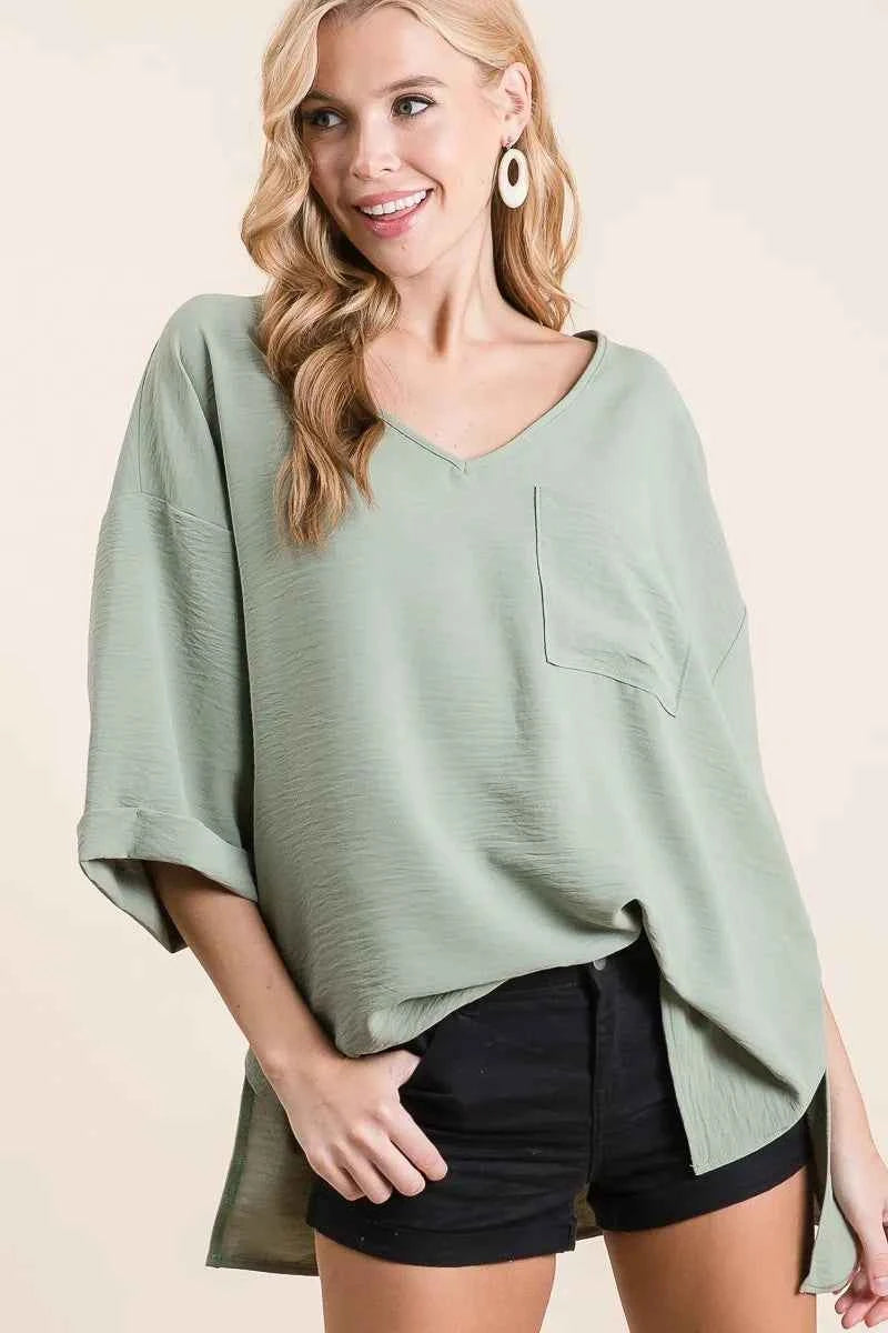 BiBi Flowy Woven V-Neck Top with Rolled Up Cuffs SAGE a0173d5e792640daa8c078f5c062dd21-Max-Origin
