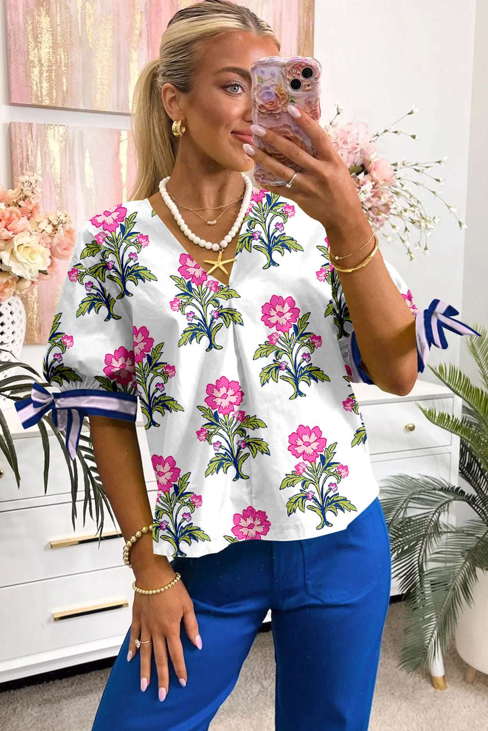 White Floral Print Knot Bubble Sleeve V Neck Blouse a054af6d09aa17d6-_3
