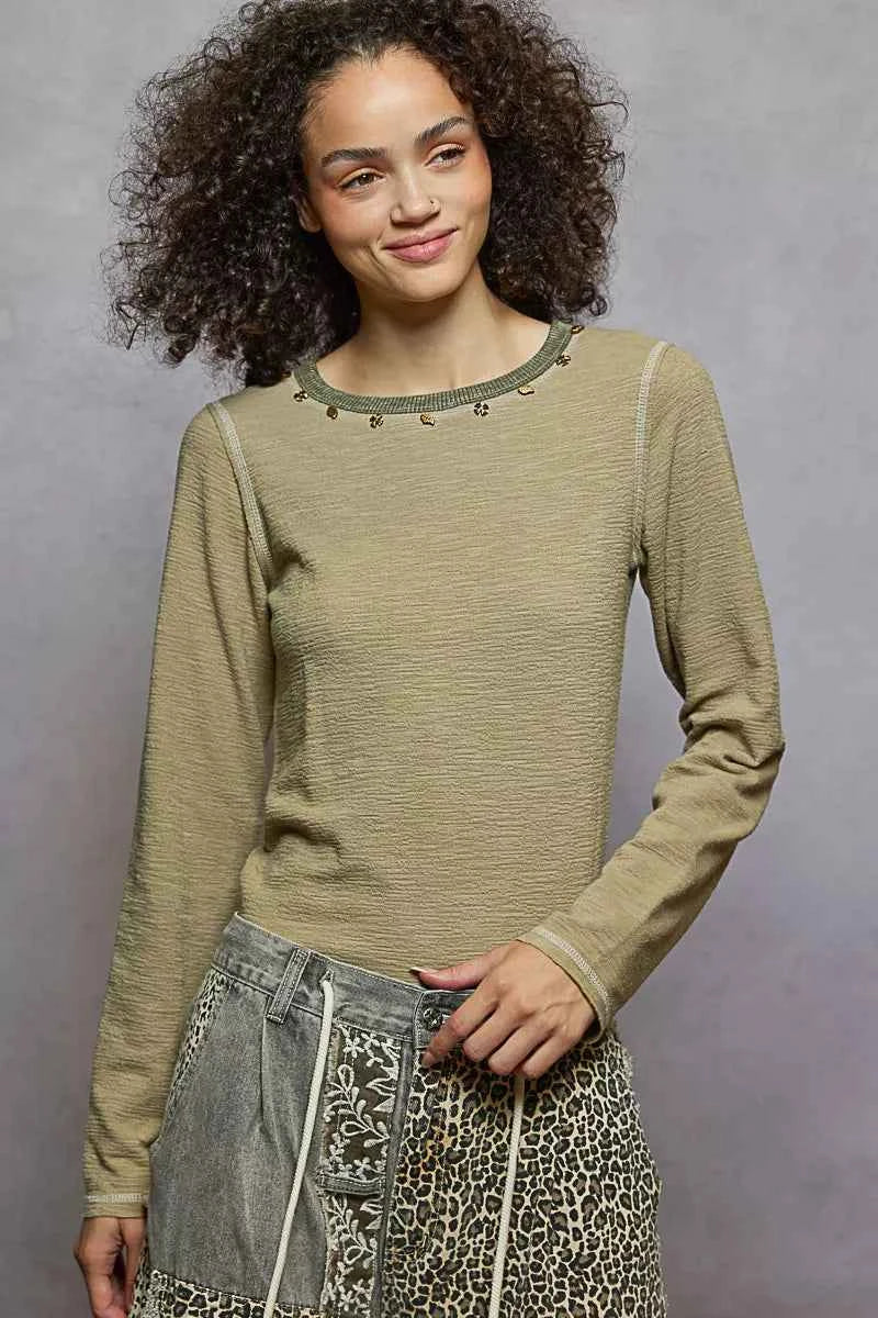 POL Round Neck Long Sleeve Contrast Stitching T-Shirt with Stud Detail OLIVE a07e2e2a-4196-4580-b169-3d6563ddeb41-Max-Origin
