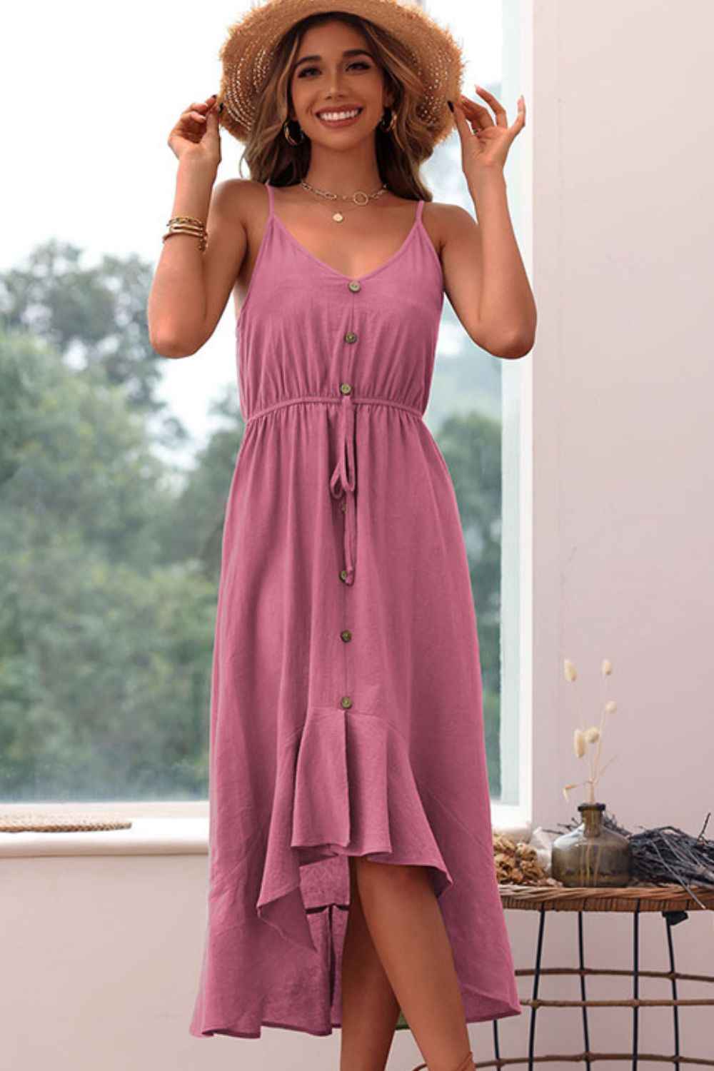 Perfee Spaghetti Strap Decorative Button Ruffled Dress Hot Pink a0dbc37300924f8bad8c093ef69a9a3d-Max