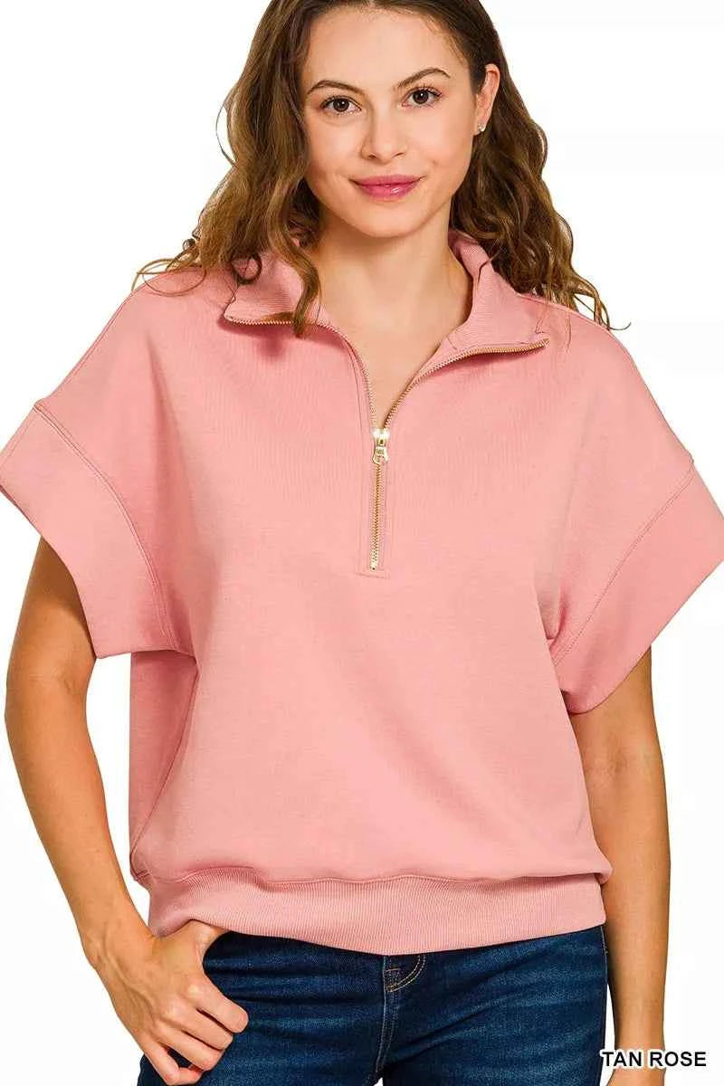 Zenana Full Size Scuba High Neck Half Zip Short Sleeve Top Plus Size TAN ROSE a21ff84e52fe4b1aba0b10391c91d7b8-Max-Origin