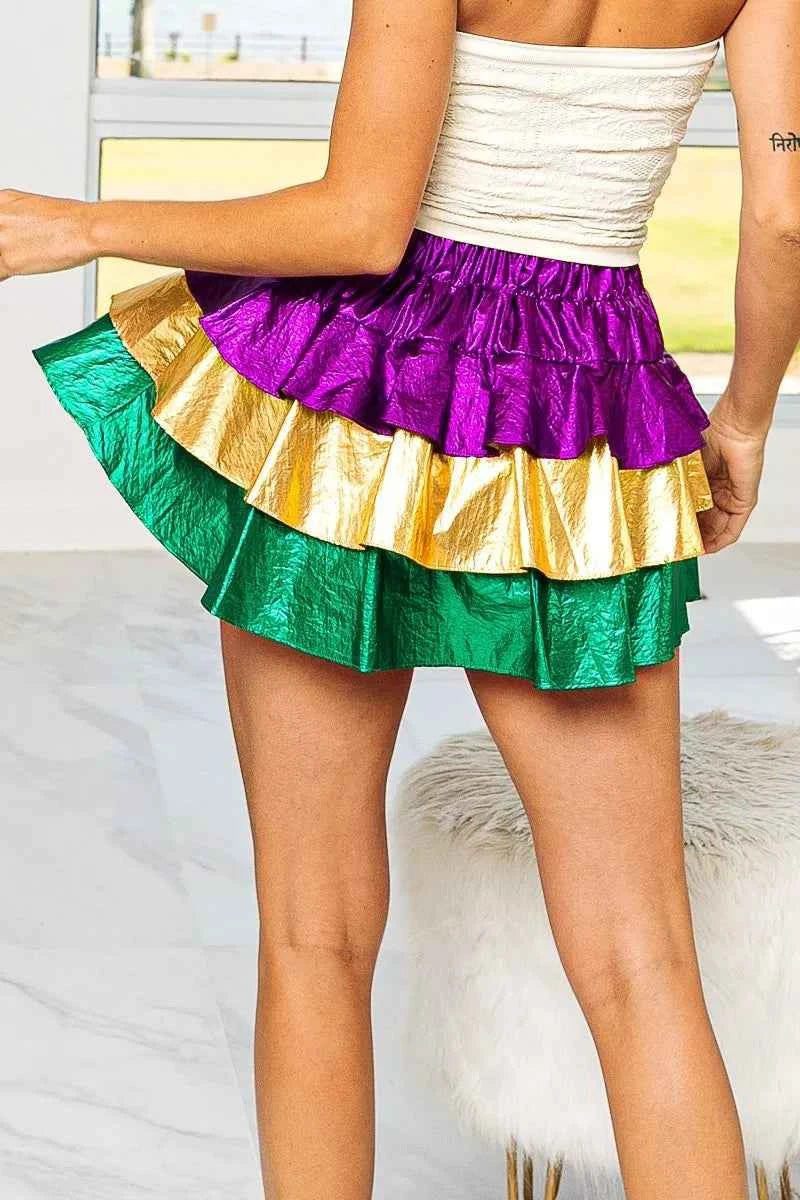 BiBi Mardi Gras Color Block Metallic Tiered Skirt