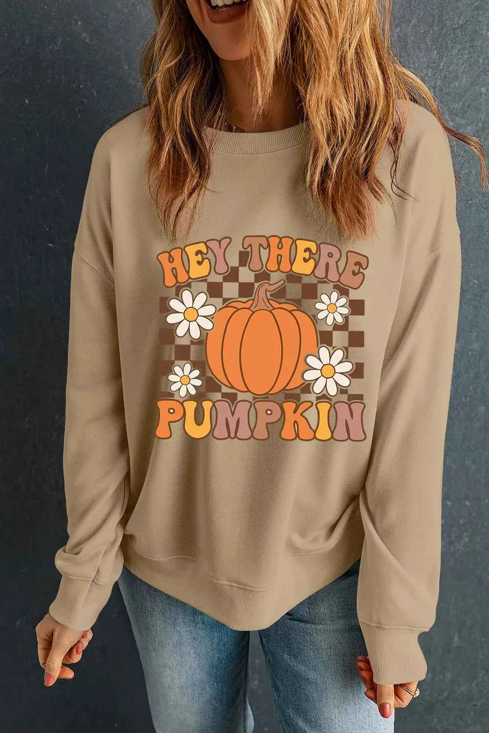 Pumpkin Graphic Long Sleeve Sweatshirt Khaki a2bdcd28-a133-4c0c-8f88-8243f809be6a-Max