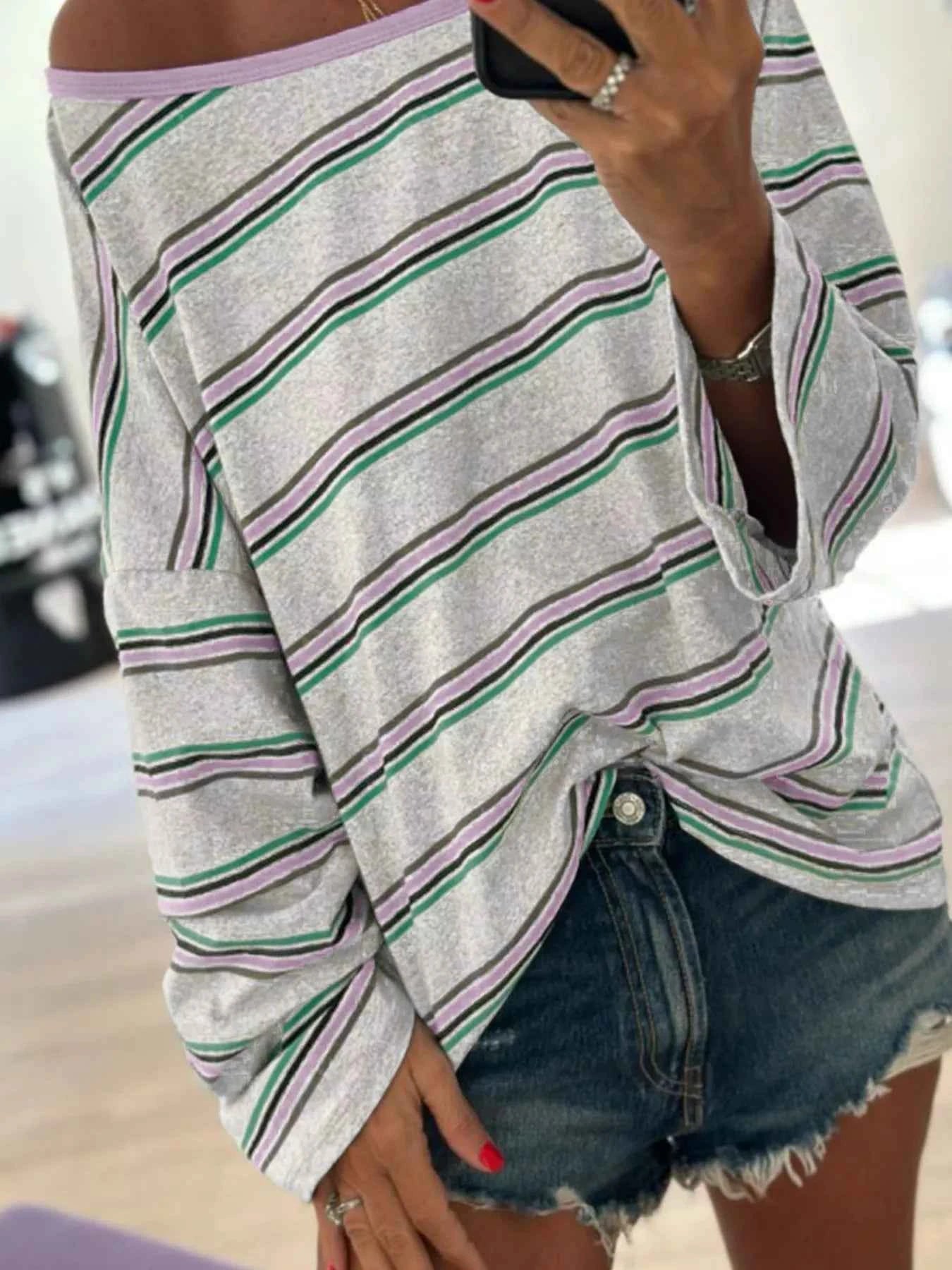 Stripe Oversize Drop Shoulder Long Sleeve Casual Top Stripe a3337073290041d5ac053f75d2c85c5b-Max-Origin
