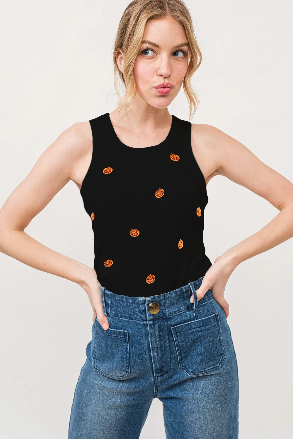 And The Why Jack O' Lantern Embroidered Ribbed Tank Black a407e605-4364-4201-9849-7b35e05507c3-Max