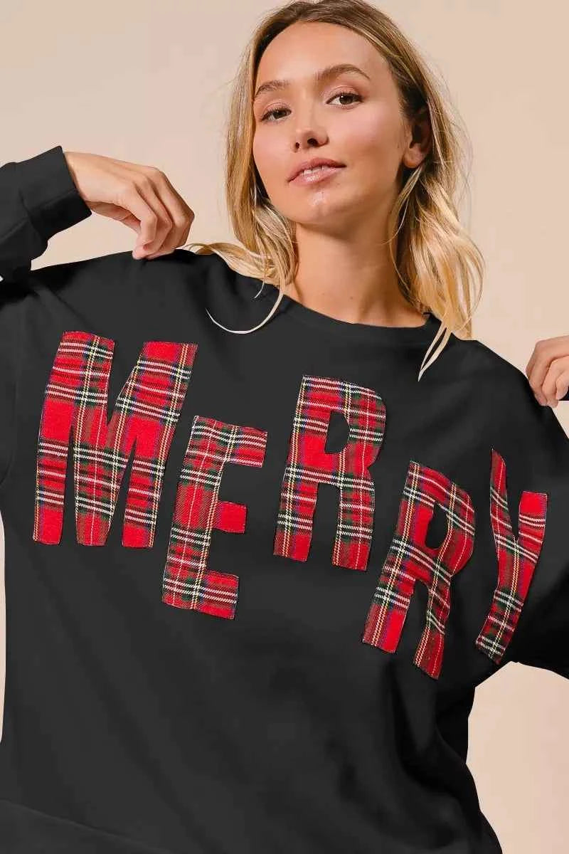 BiBi Plaid Merry Lettering Christmas Fleece Sweatshirt BLACK RED PLAID a48107e3d20447449eae9d1c6f99fe2a-Max-Origin