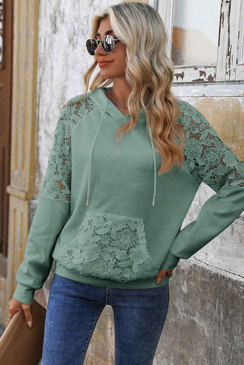 Gossamer Pink Lace Patchwork Raglan Sleeve Kangaroo Pocket Waffle Hoodie a4ee3c4a09129f5d