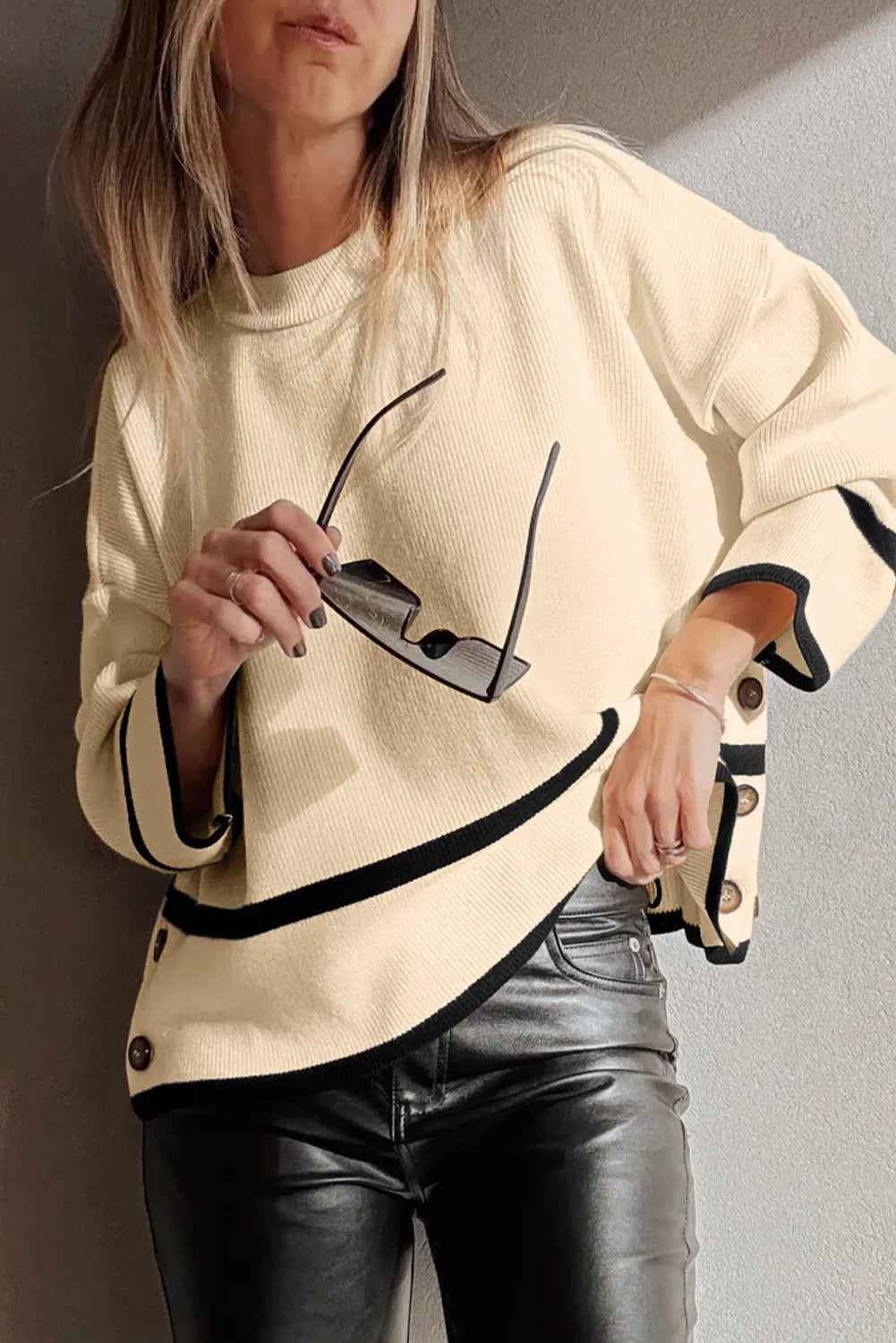 Beige Ribbed Knit Contrasted Stripe Detail Button Side Loose Sweater