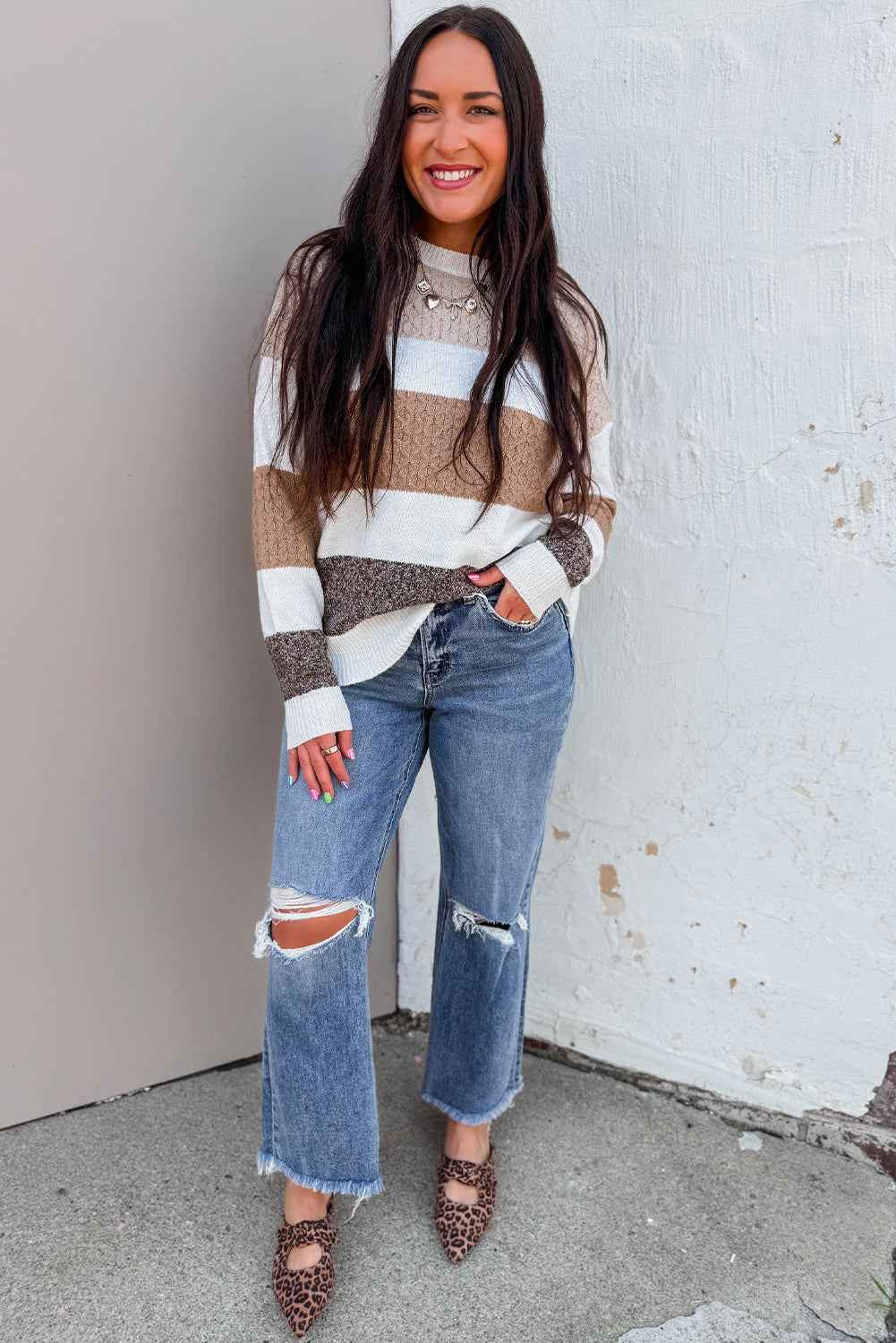 Brown Mixed Texture Knit Striped Colorblock Loose Sweater a56d5e8251a39a3f