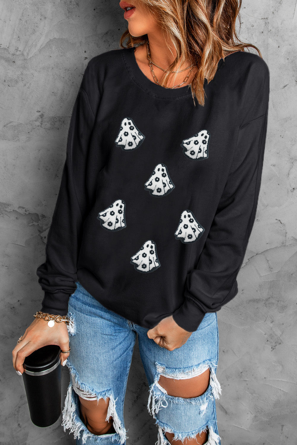 Black Playful Halloween Ghost Terry Flocking Loose Pullover Sweatshirt a5db5fa75e400e10