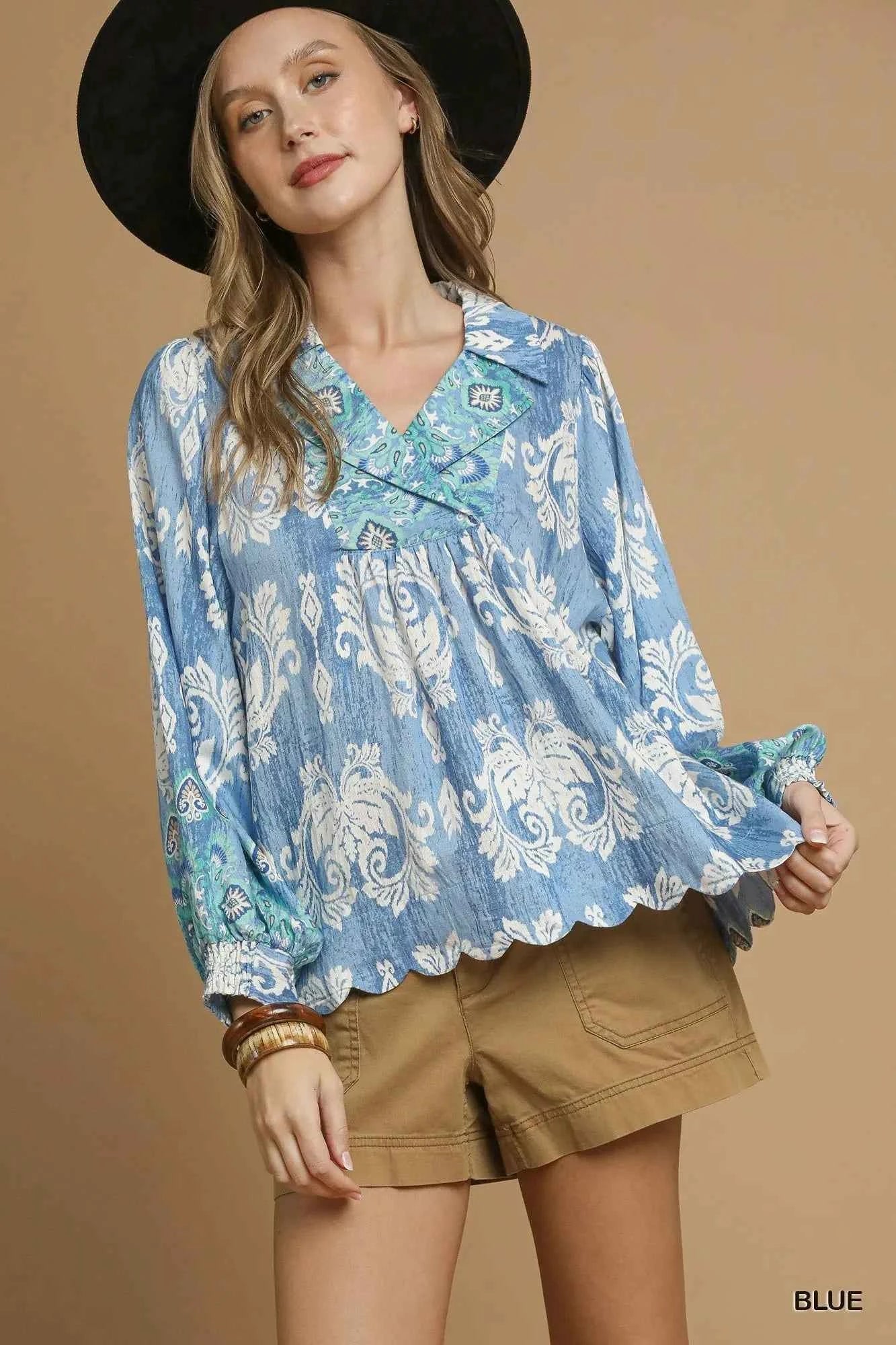 Umgee Printed Long Sleeve Blouse Blue a6cc4a59-6f43-4c86-89b3-90c63f743e95-Max-Origin