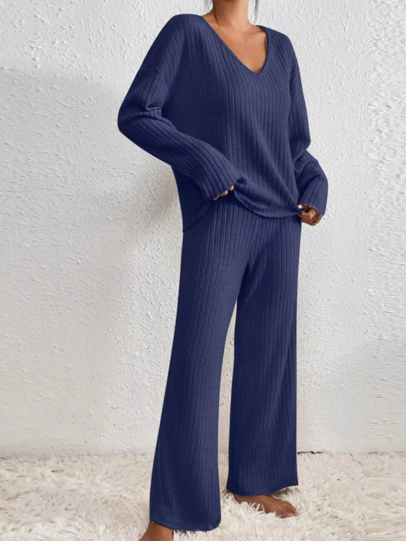 Ribbed V-Neck Top and Pants Set Navy a6dd8040-c121-4f52-b9b2-78cce73a55b3-Max-Origin
