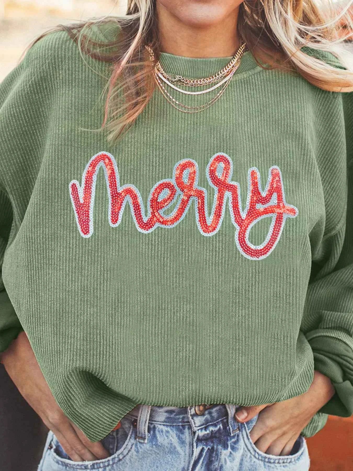 Merry Letter Christmas Sequined Twisted Ribbed Sweatshirt a7985143946e4f298bec78d4b273da09-Max-Origin
