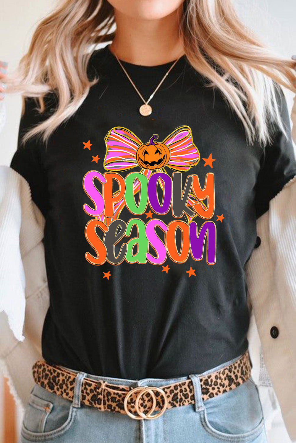 Black SPOOKY SEASON Halloween Pumpkin Bow Heat Transfer Printing T Shirt a7e5bde883358c2f